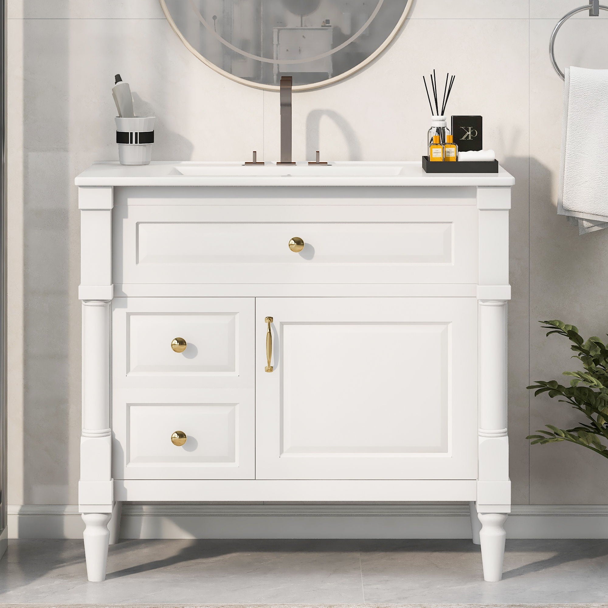 Freestanding Bathroom Vanity With Sink, Adjustable Shelf, Flip Drawer
