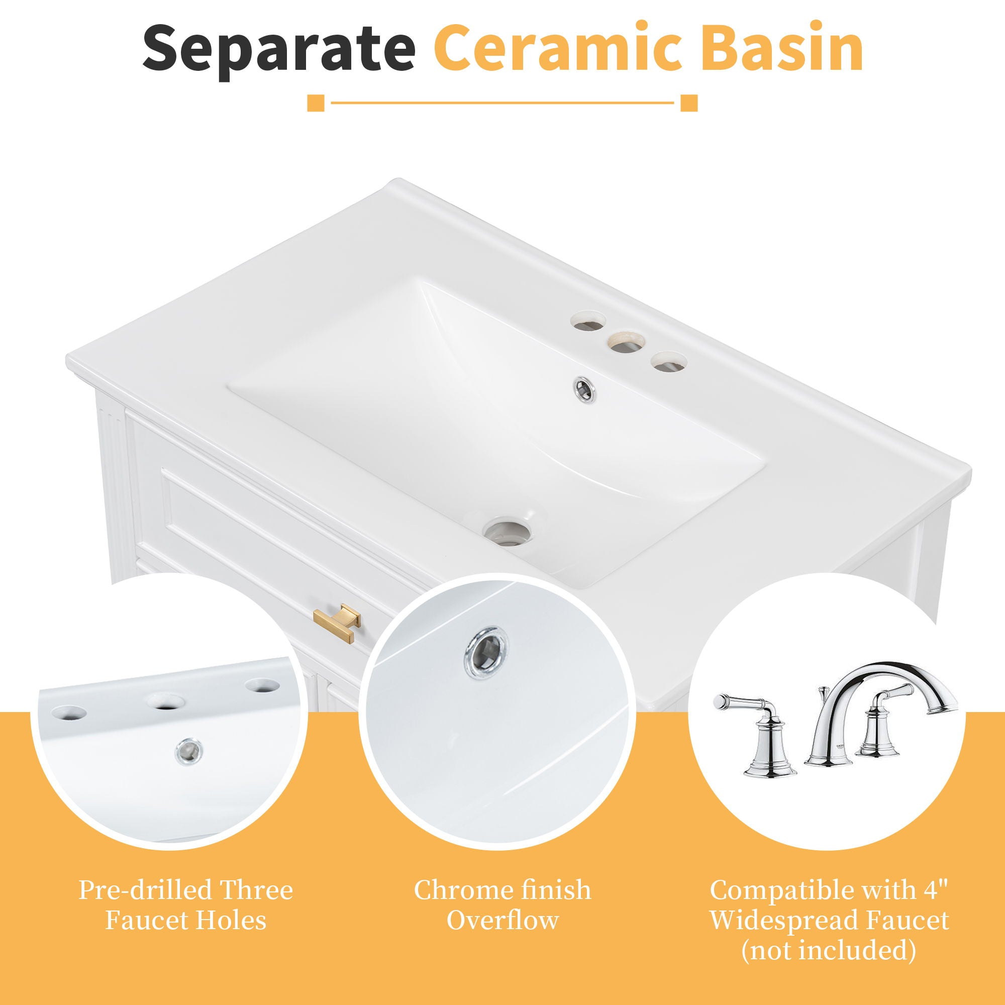Modern Bathroom Vanity With Sink, 1 Flip Drawer And 2 Drawers, Adjustable Shelf