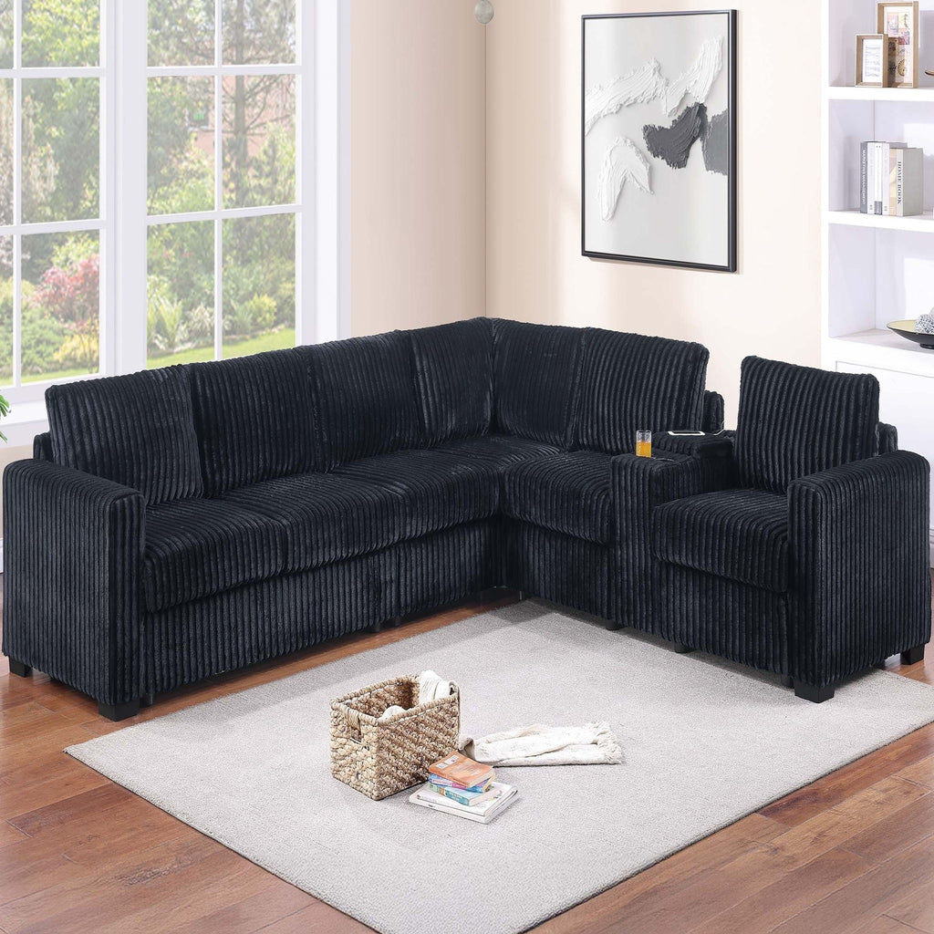 Modern Style L-Shape Sectional Set, USB Ports, Cup Holder