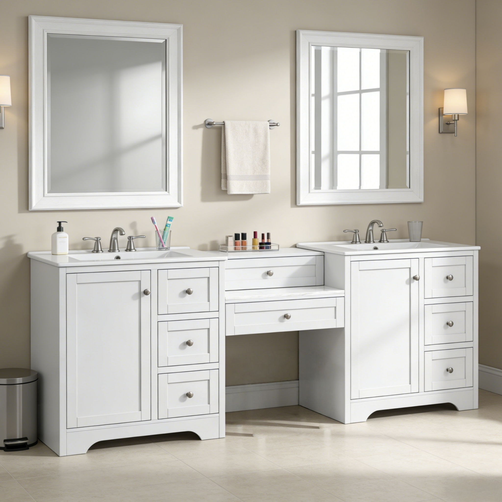 Double Sink Bathroom Vanity With Countertop, 2 Ceramic Sinks, 6 Drawers, Soft Close Design