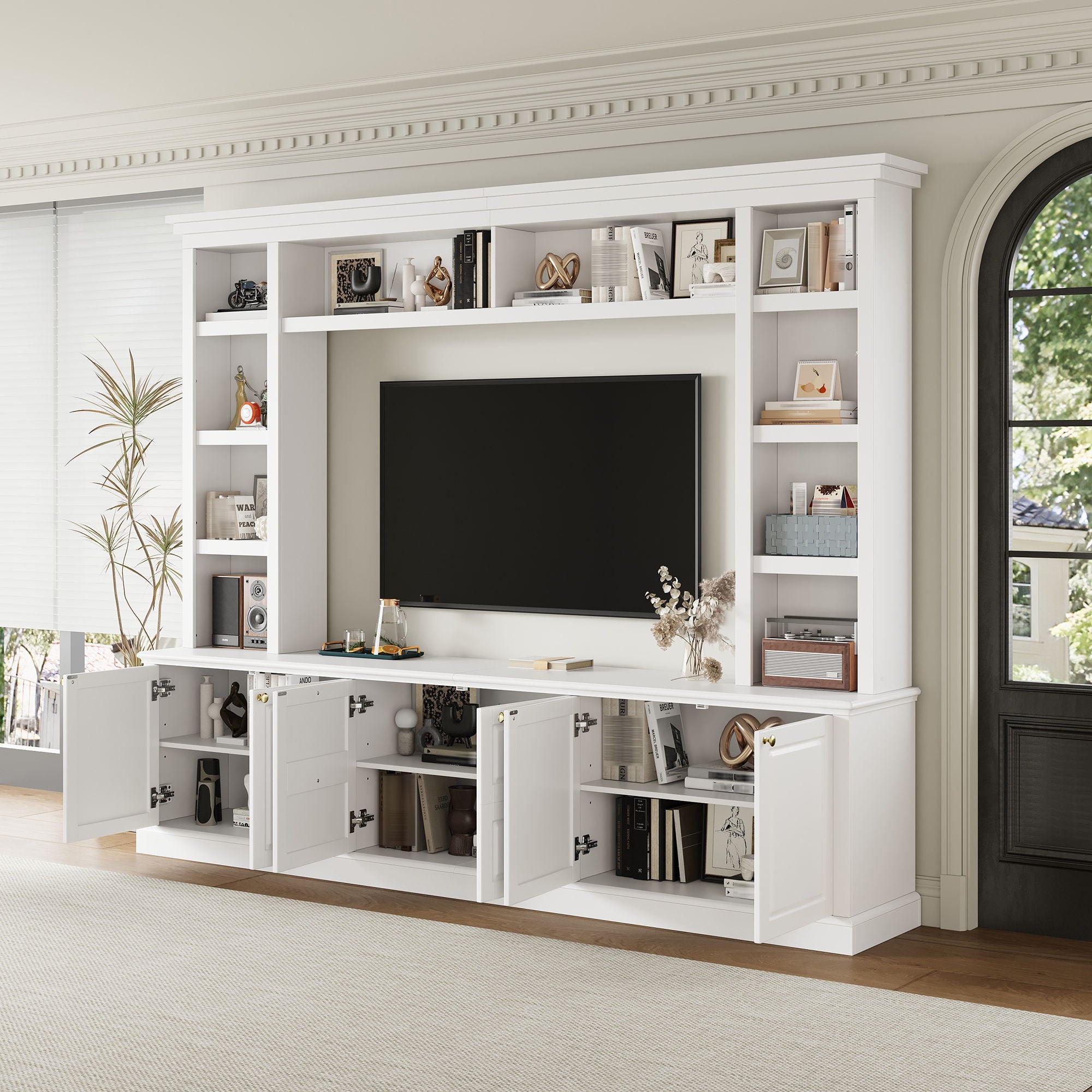 TV Stand With Bookcase, Storage Cabinet With 3 Adjustable Shelves, Living Room Entertainment Center - White