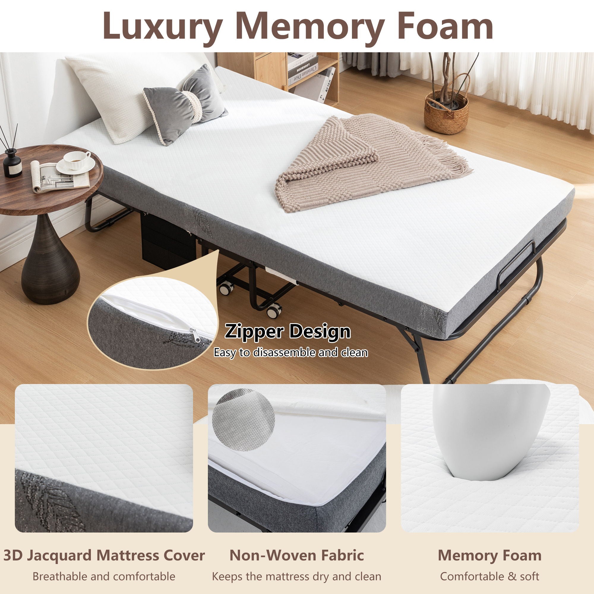 Foldable Metal Frame Bed For Guest With Memory Foam Mattress On Wheels, Saving Space Rollaway Bed