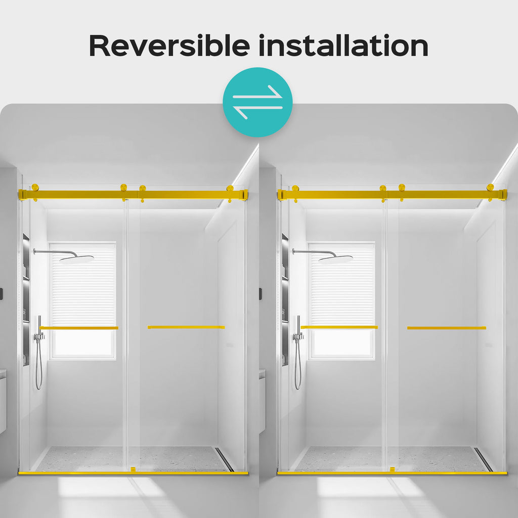 Frameless Double Sliding Shower Door In, Thick Tempered Glass, Reversible Installation