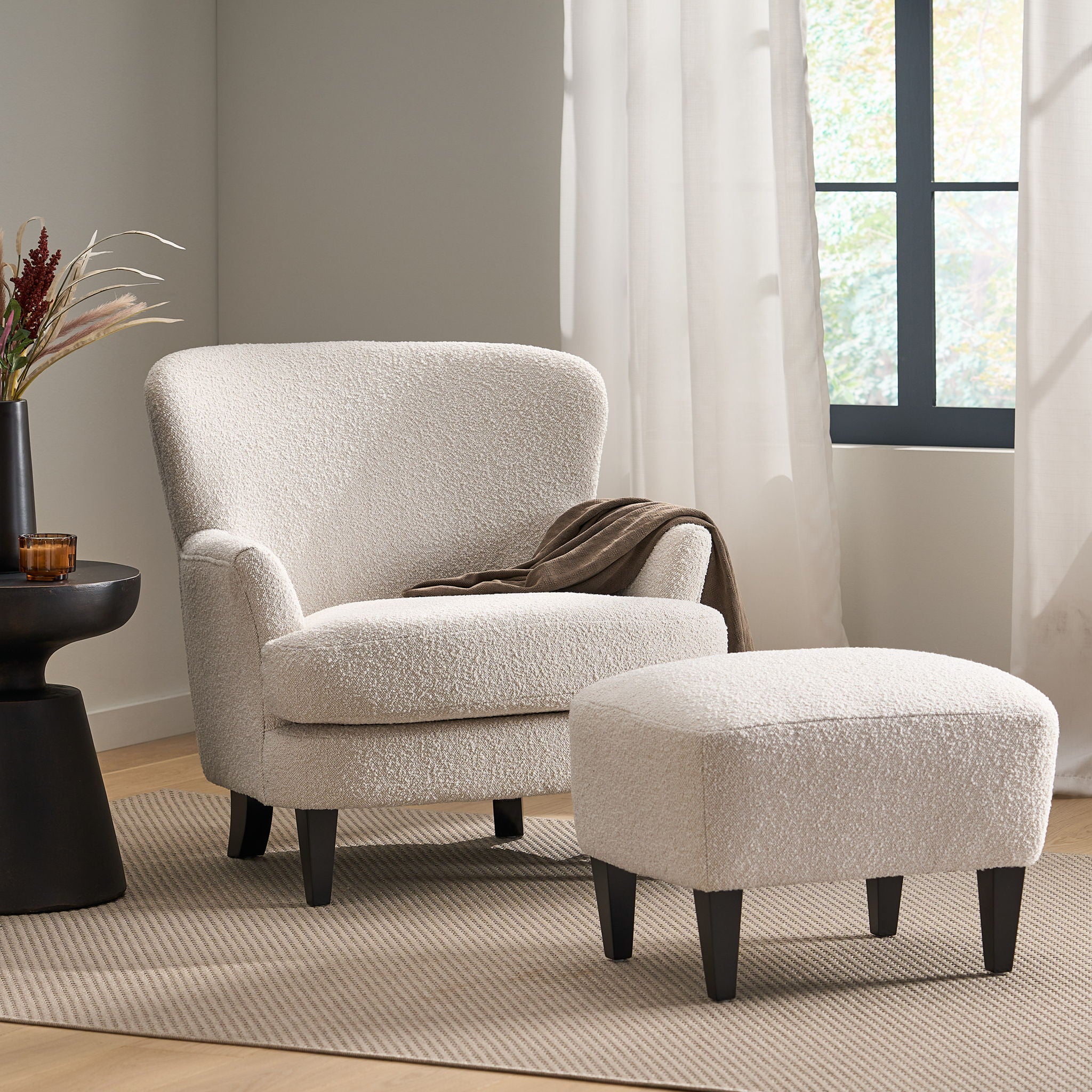 Boucle Fabric Upholstered Living Room Set With Tapered Legs - Cream - Cream