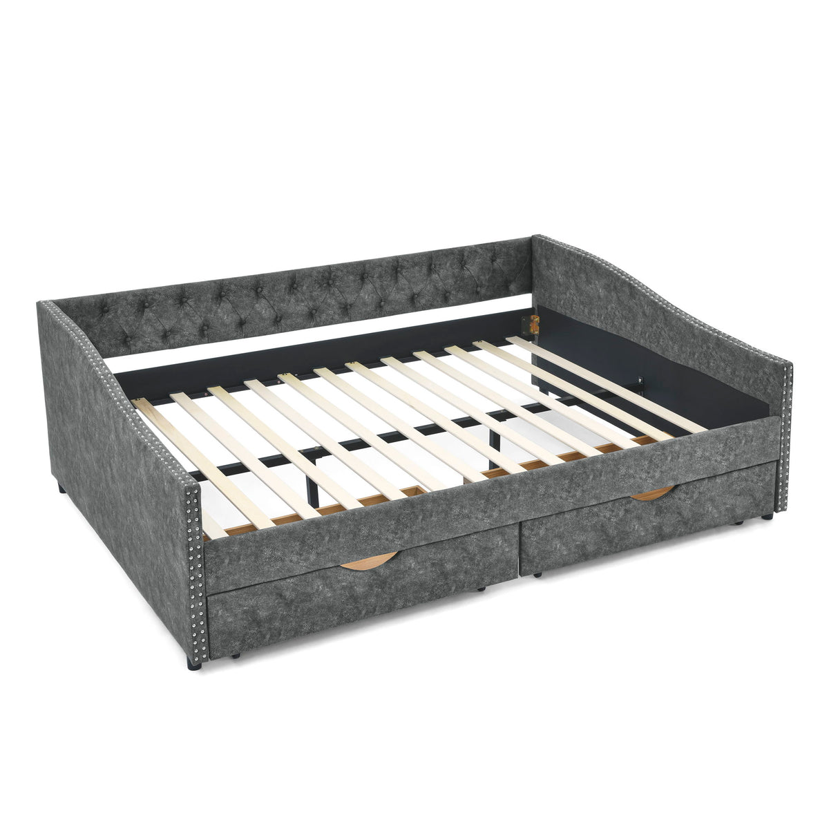 Queen Size Upholstered Daybed With Tufted Back And Nail Trimmed Waved Arms - Gray