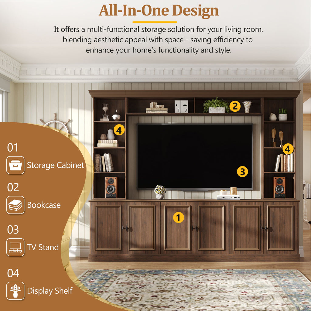 4 Piece Wall Unit Entertainment Center With Bookshelf, TV Stand With Adjustable Shelf For Living Room - Walnut