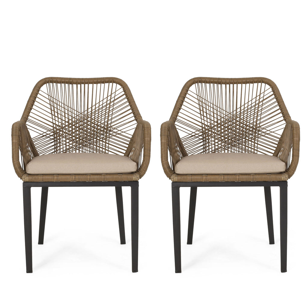 Modern Wicker Dining Club Chair With Water Resistant Cushions - Brown / Beige