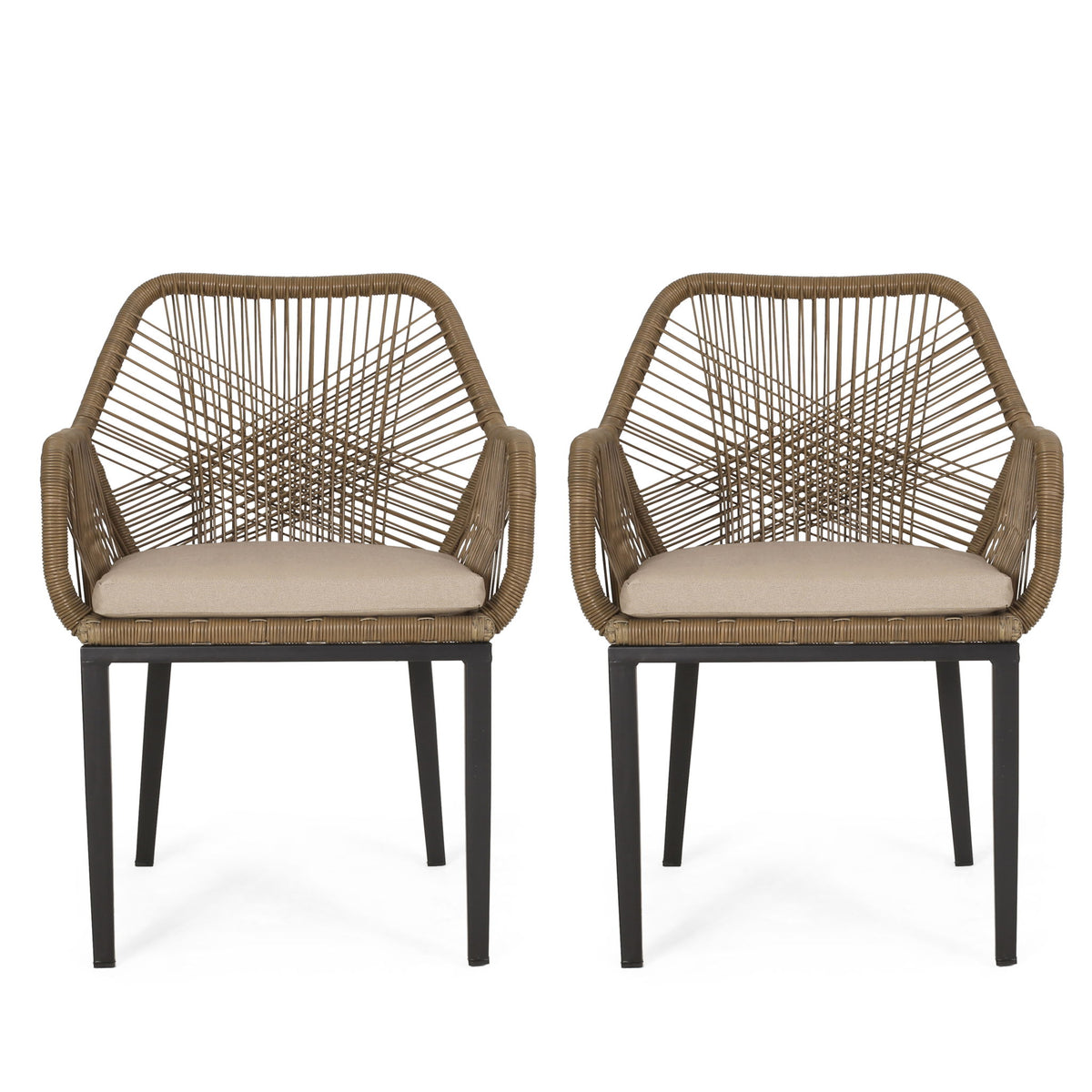 Modern Wicker Dining Club Chair With Water Resistant Cushions - Brown / Beige