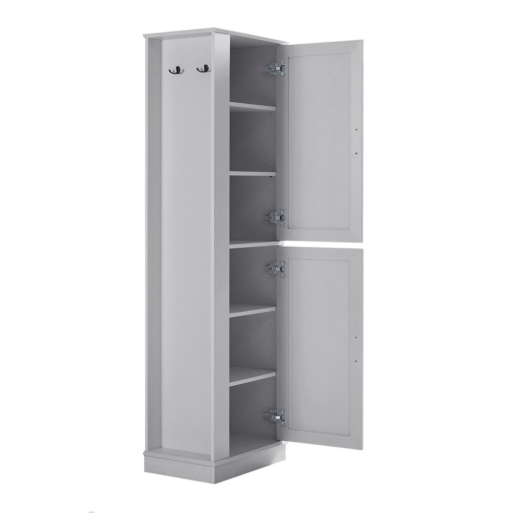 Tall Freestanding Bathroom Storage Cabinet With Adjustable Shelves And Side Hooks