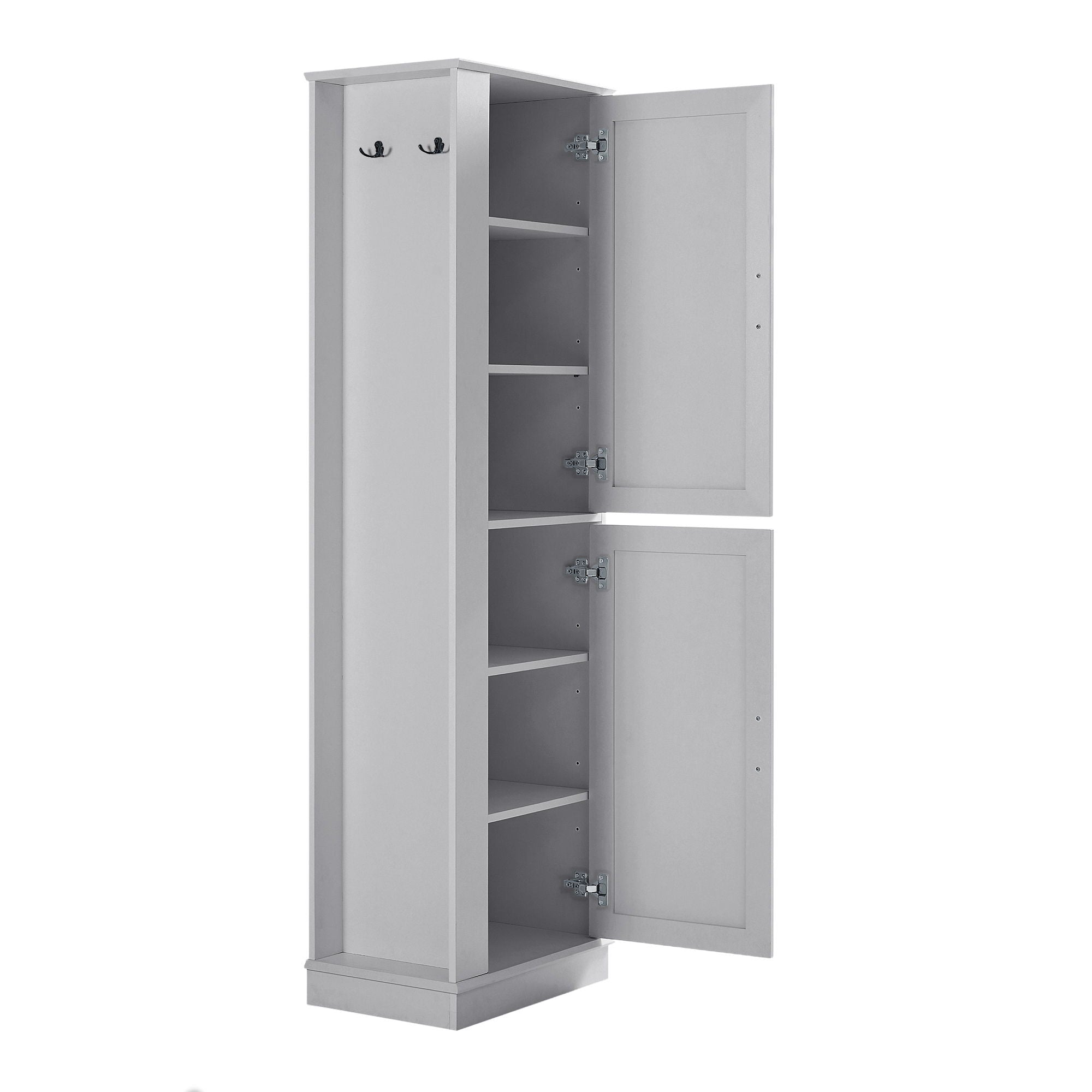 Tall Freestanding Bathroom Storage Cabinet With Adjustable Shelves And Side Hooks