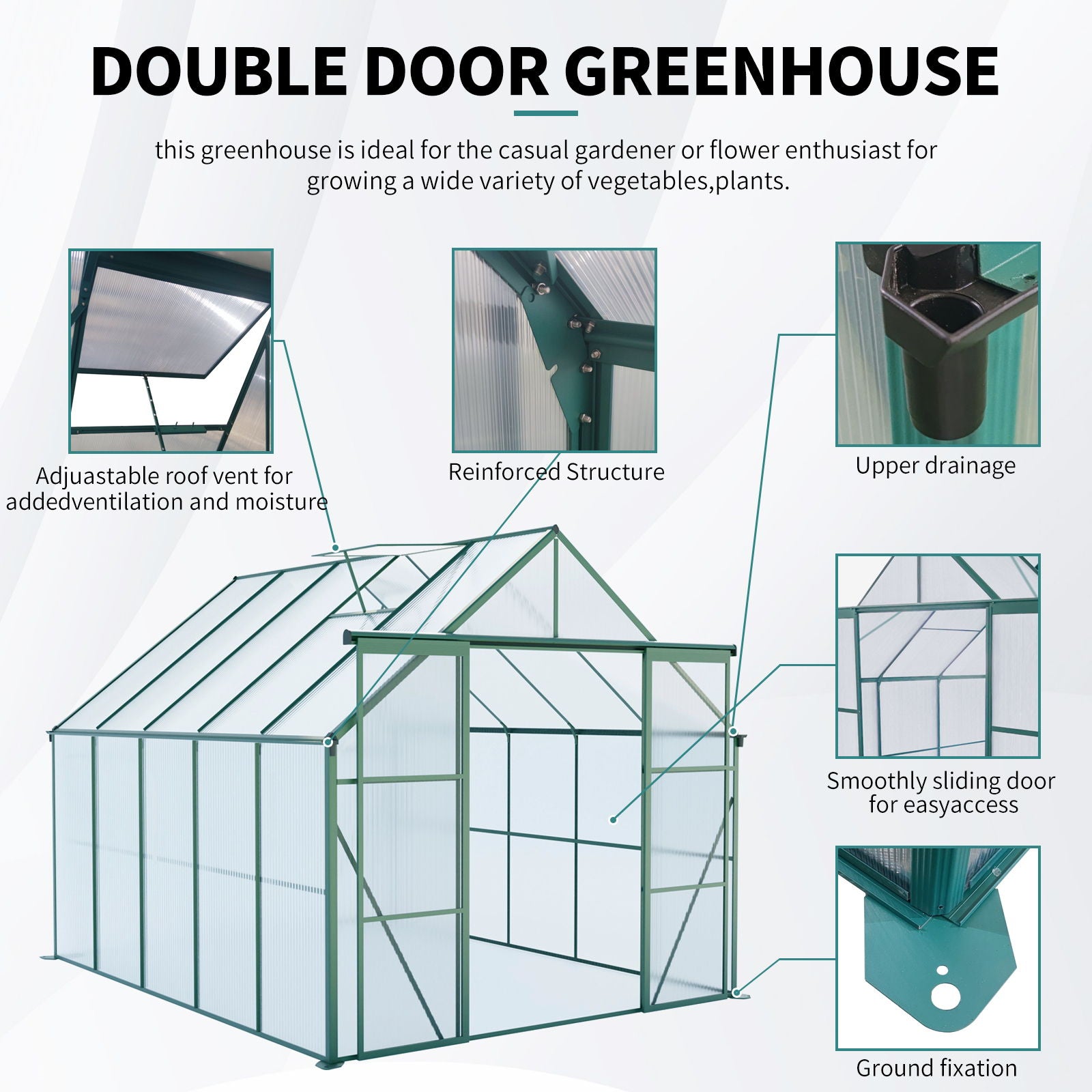 Double Door Polycarbonate house Raised Base And Anchor Aluminum Heavy Duty Walk In houses For Outdoor Backyard In All Season