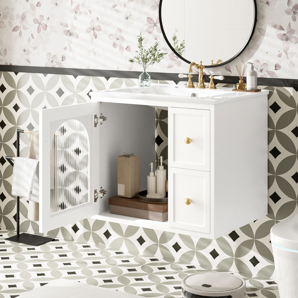Wall-Mounted Bathroom Vanity Set With Sink, 2 Drawers And Soft-Close Door