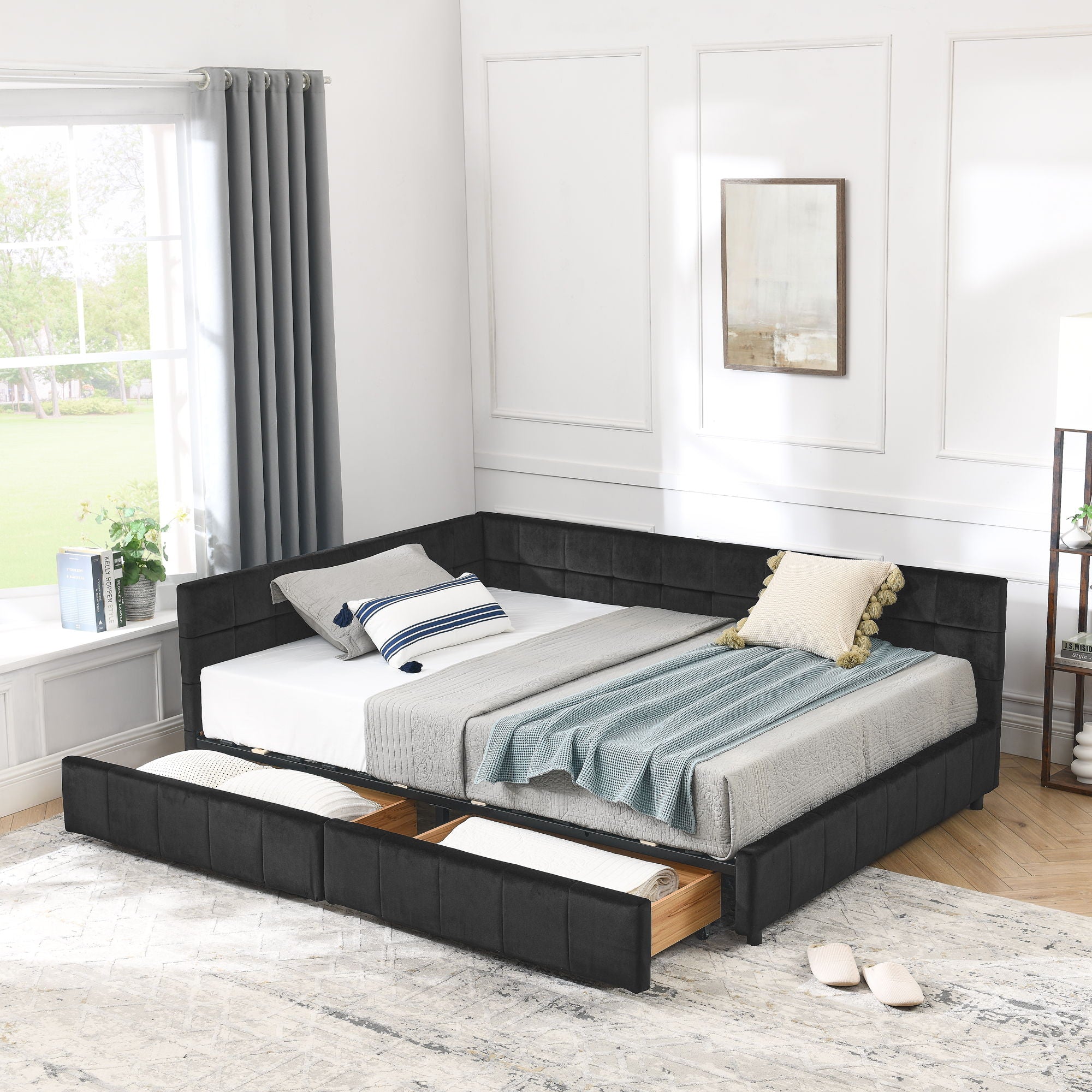 Storage Elegant Upholstered Tufted Bed Frame With Backrest And Armrests