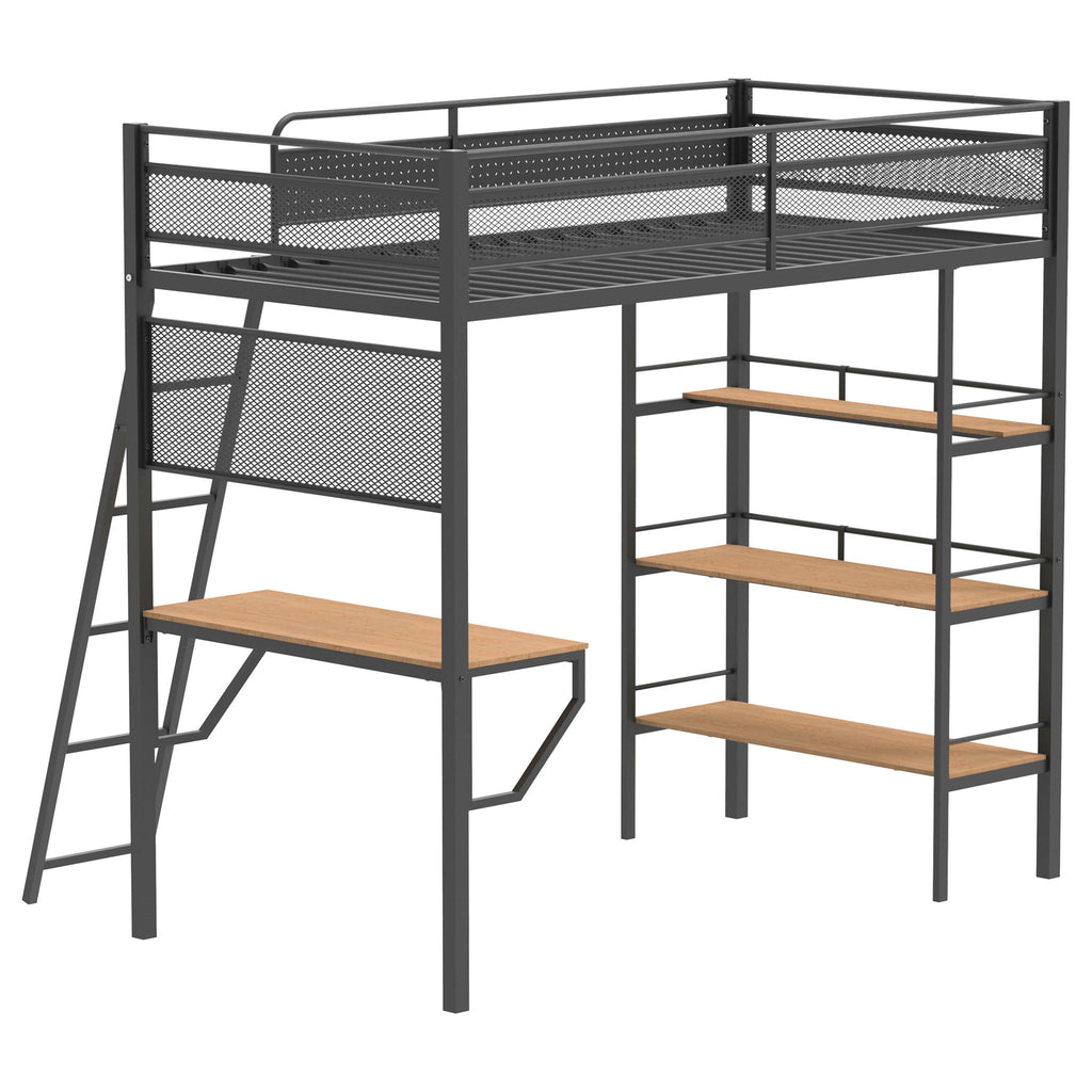 William - 3 Shelf Workstation Loft Bed With Built-In Desk And Storage