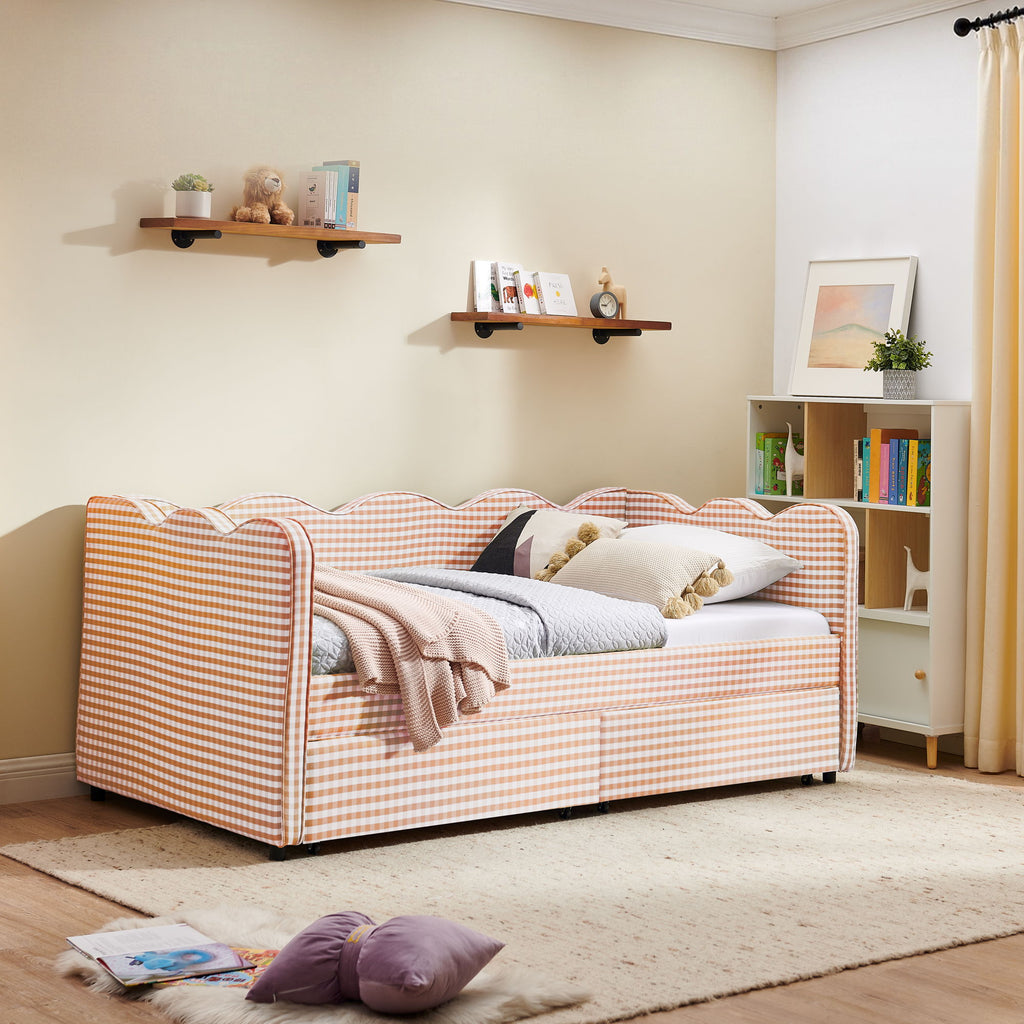 Gingham Daybed With USB Charging Port, Wave-Shaped Design