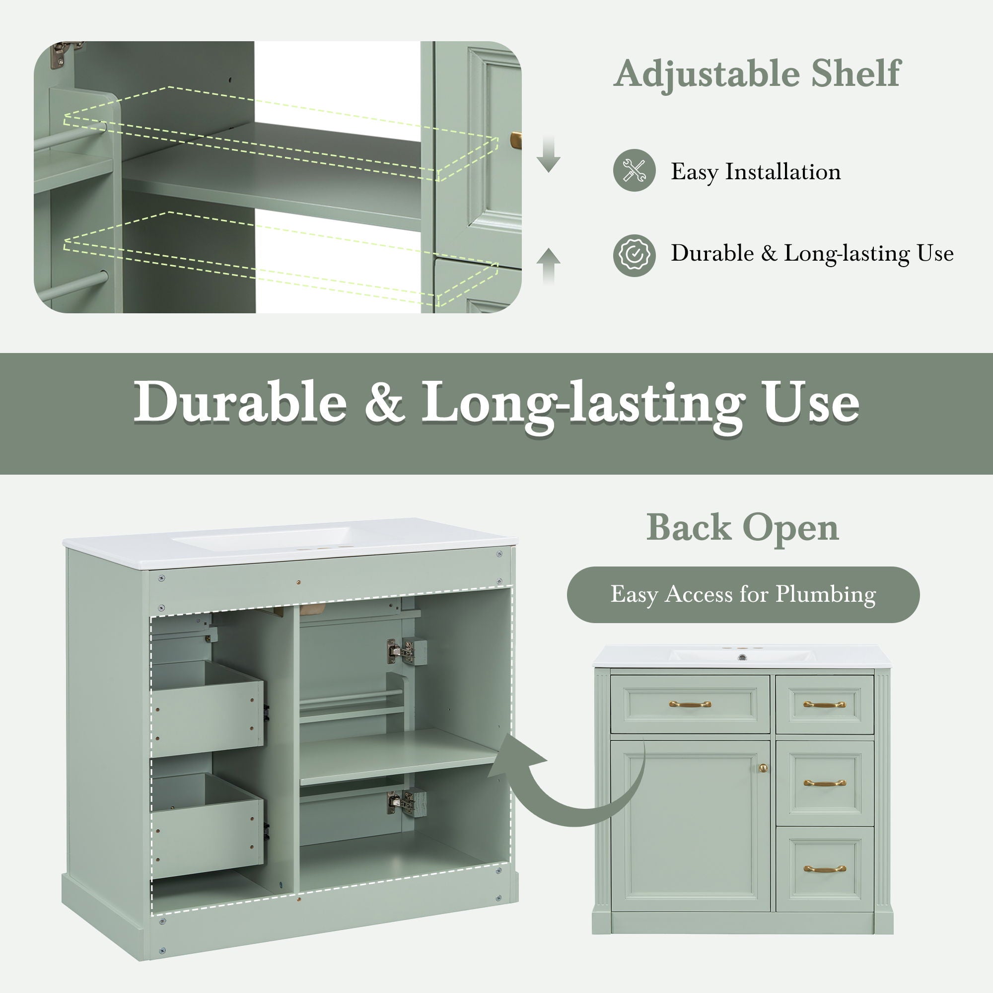 Modern Bathroom Vanity With Sink, 4 Drawers, Soft-Close Door, Adjustable Shelf
