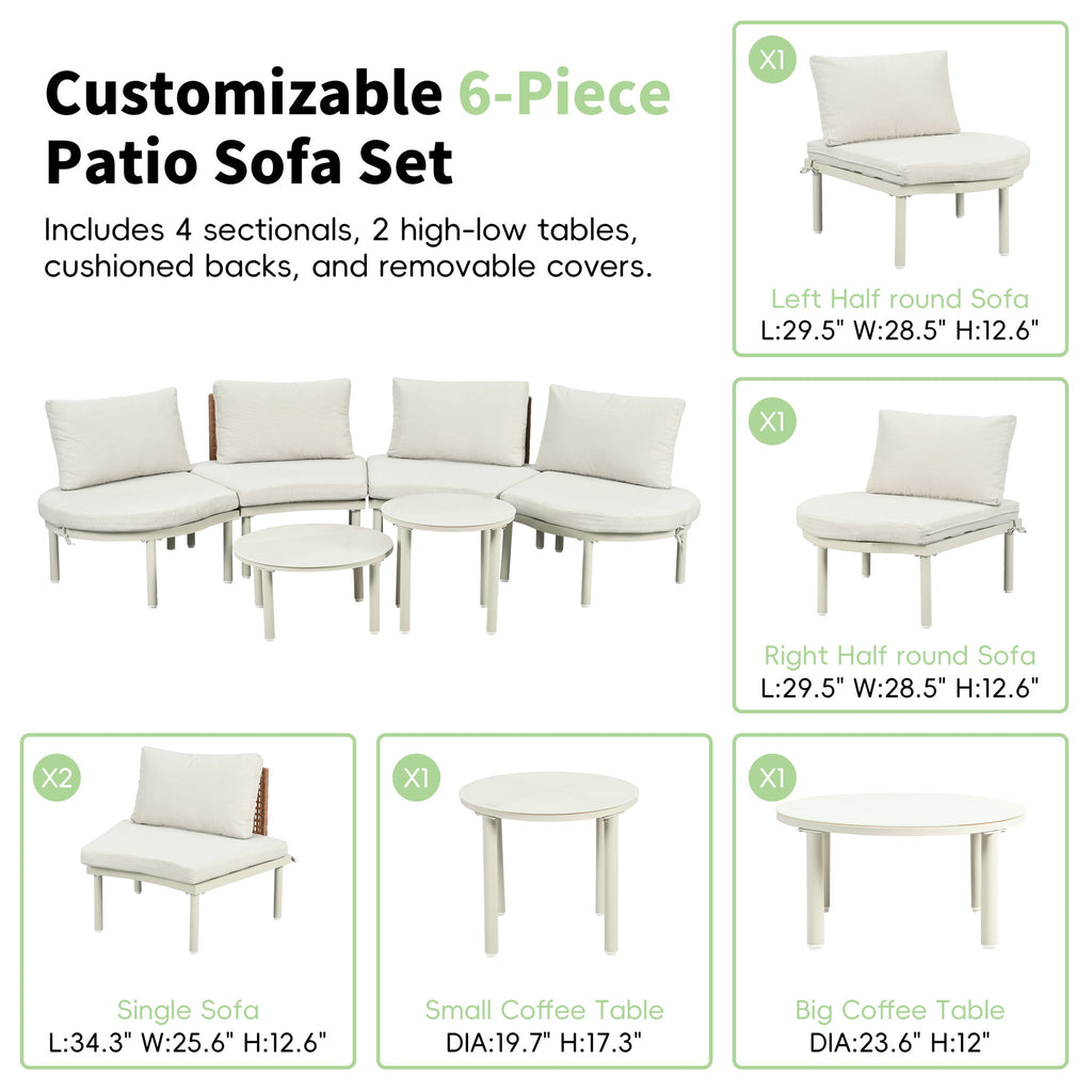 6 Piece Patio Set, Half Moon Outdoor Sectional Sofa With 2 High Low Coffee Tables, 4 Pillows & Cushions