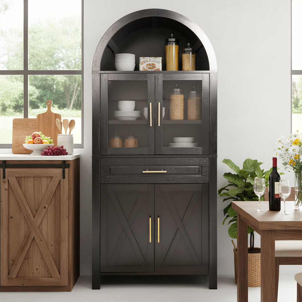 Arched Kitchen Pantry Cabinet With Adjustable Shelves And Barn Door Design
