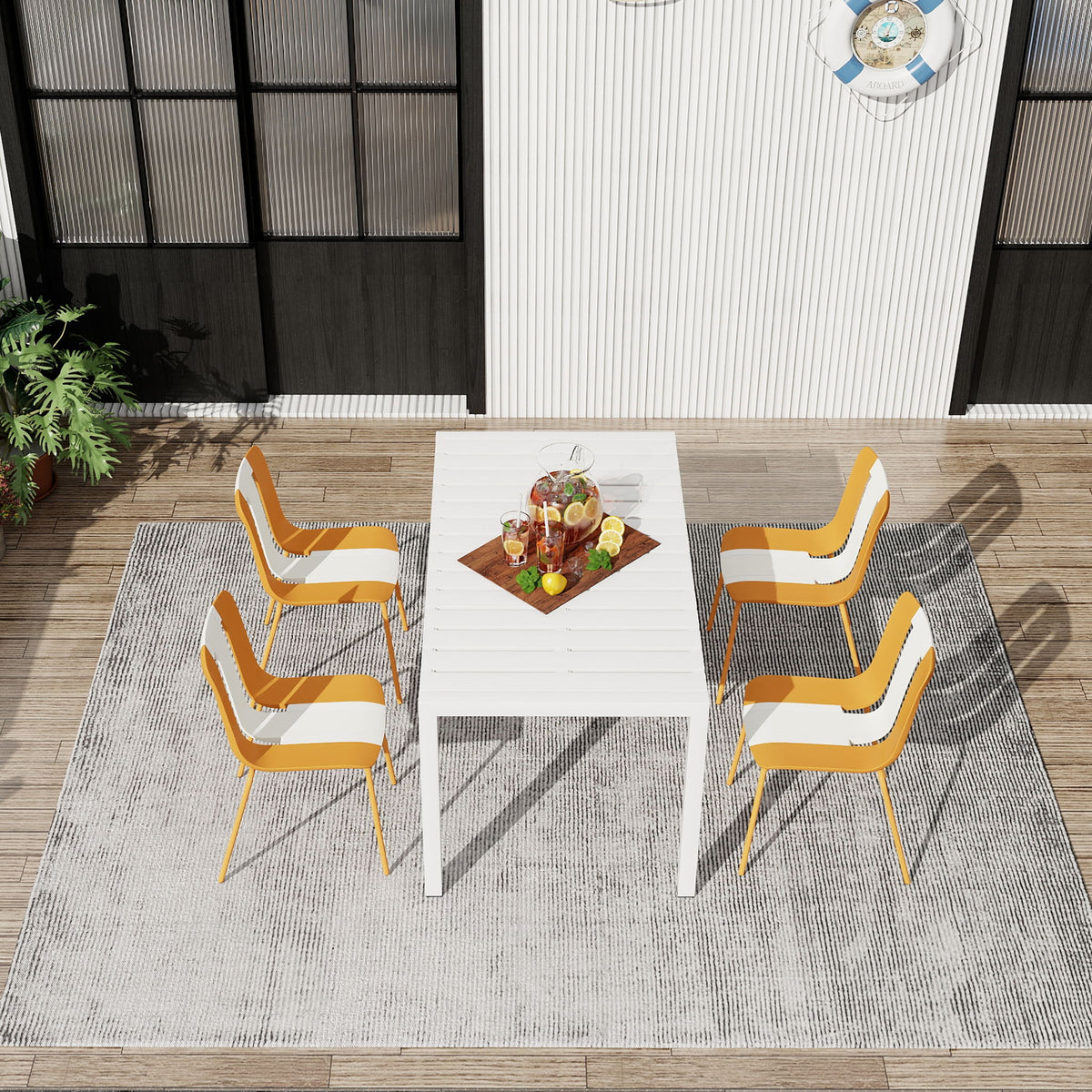 4 Piece Set Of Modern Striped Color- Blocking Single Chairs With Long Table
