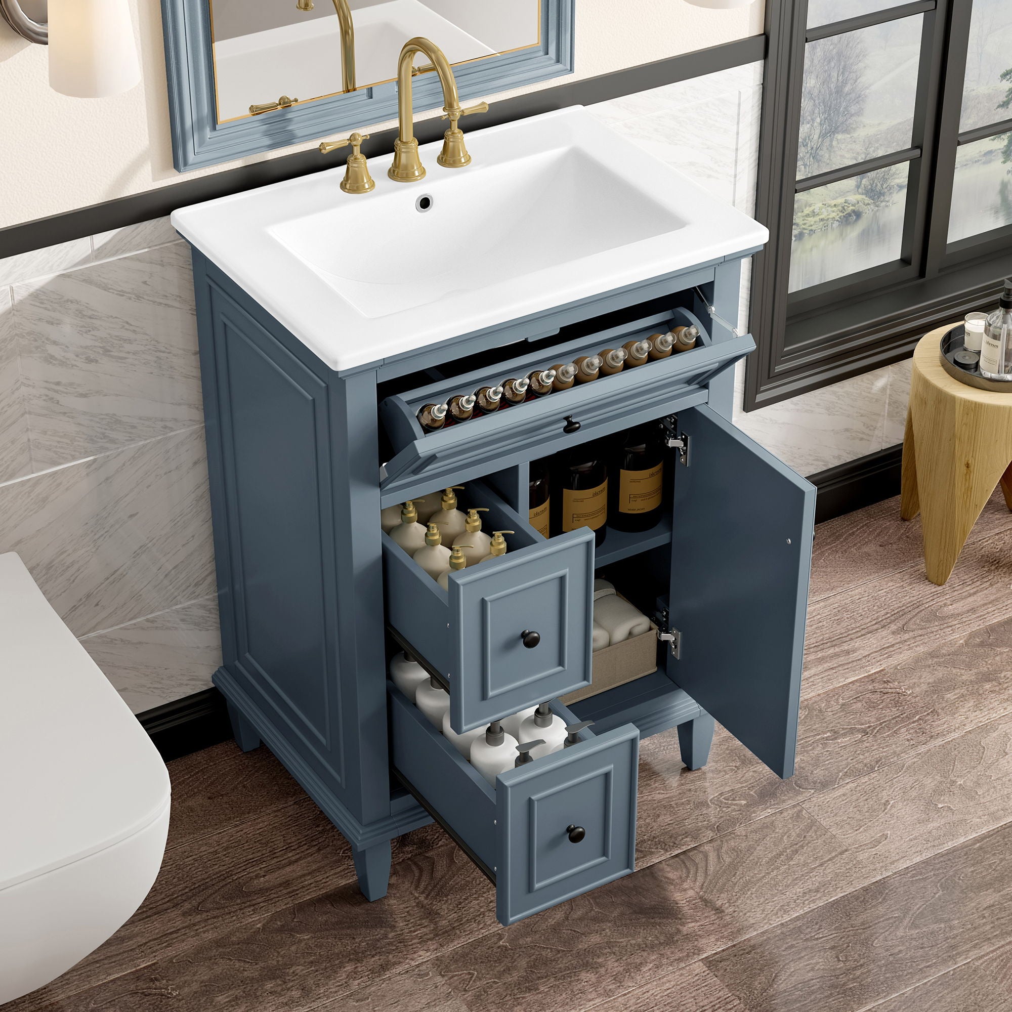 Modern Bathroom Vanity With Sink, Adjustable Shelf, 1 Flip Drawer & 2 Drawers