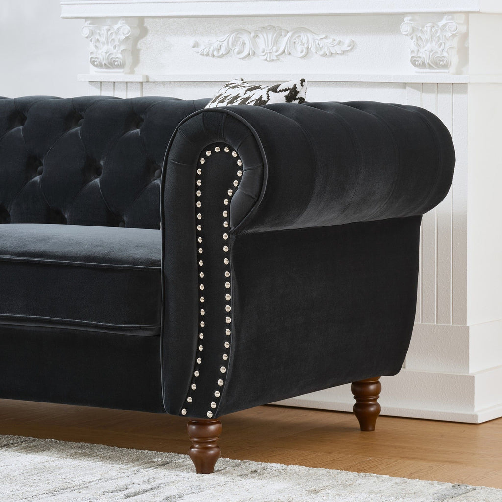 Chesterfield Upholstery Fabric Sofa With Roll Armrest & Nailhead, Mid Century Modern 3 And 3 Seater Couch