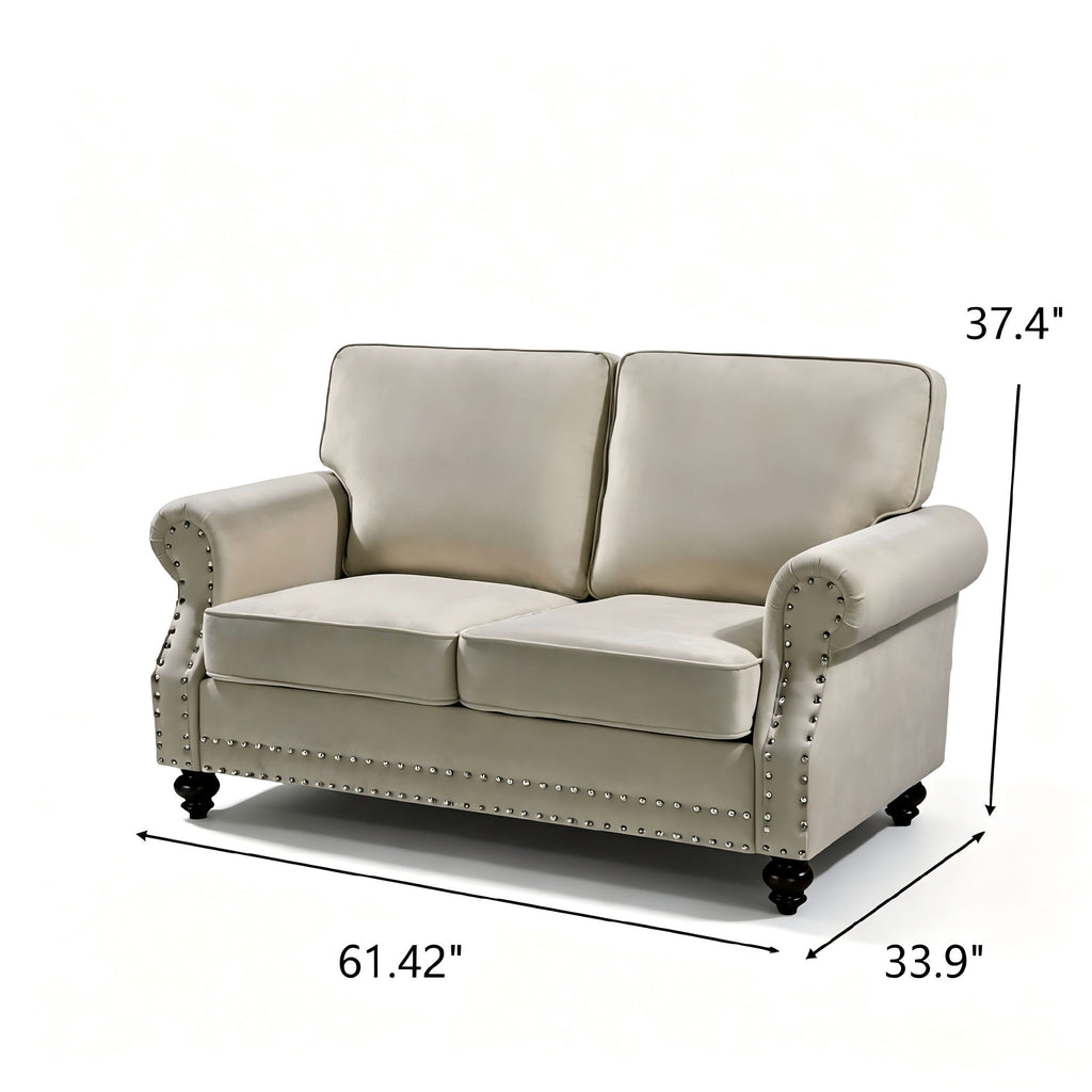Loveseat Sofa With Nailhead Detail & Turned Legs, 2 Seater Upholstered Couch