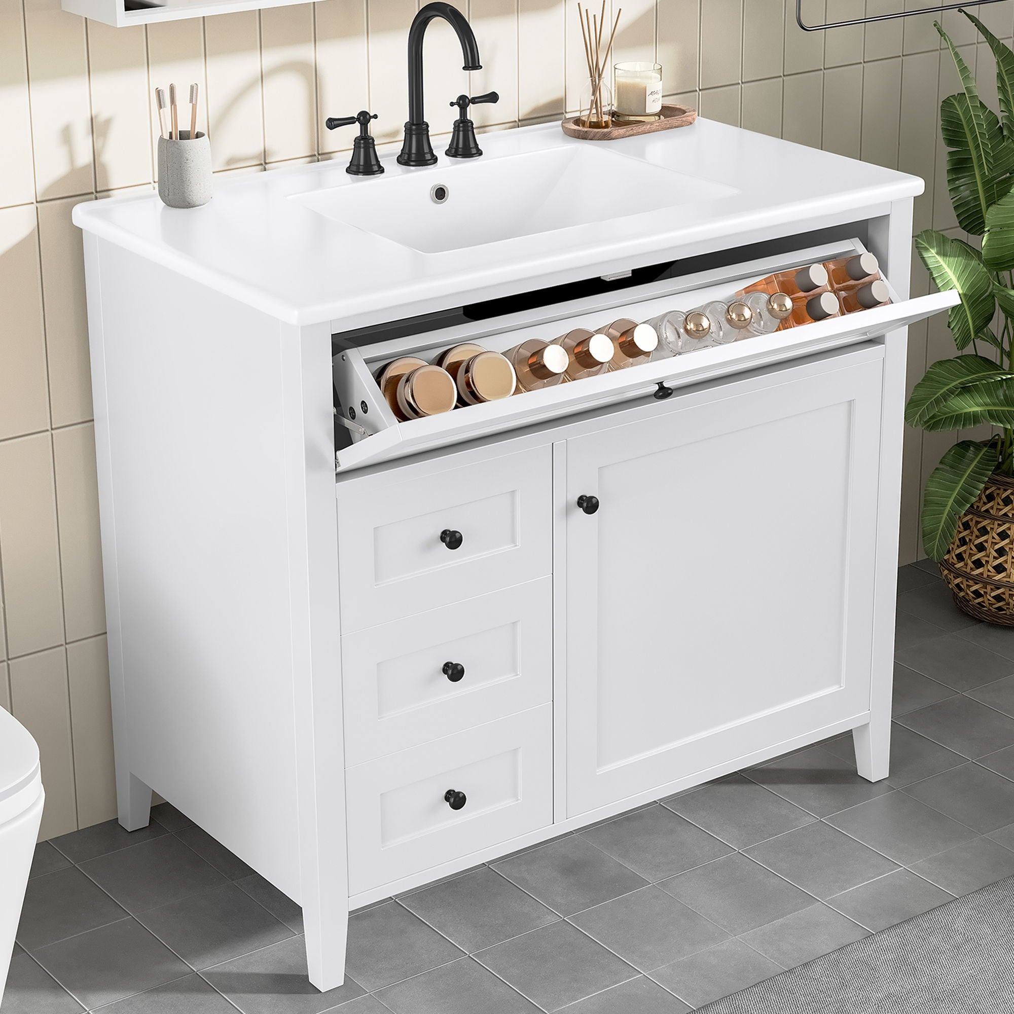 Bathroom Vanity With Sink, 3 Drawers & Cabinet With Adjustable Shelves