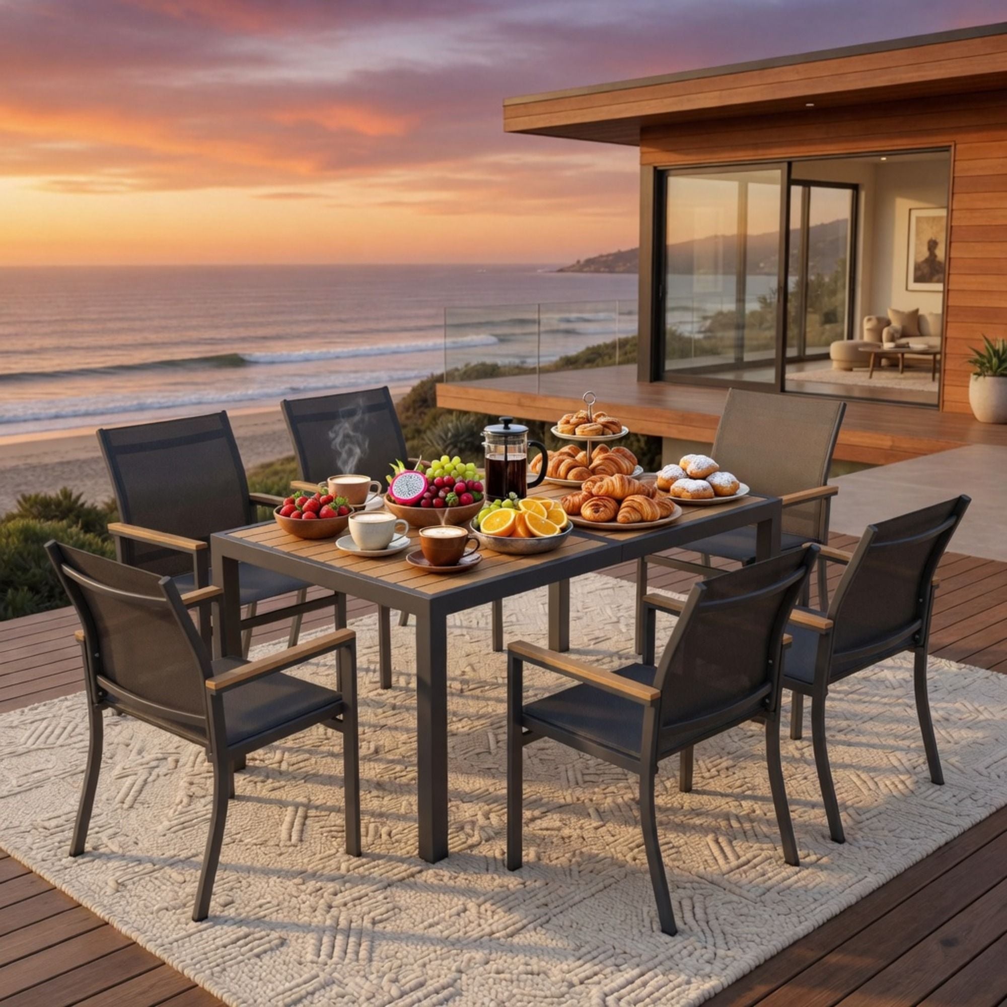 7 Piece Gray Aluminum Patio Dining Set With Textilene Chairs For Outdoor Living Frame With Accents, 59" Rectangle Table, All Weather Durable