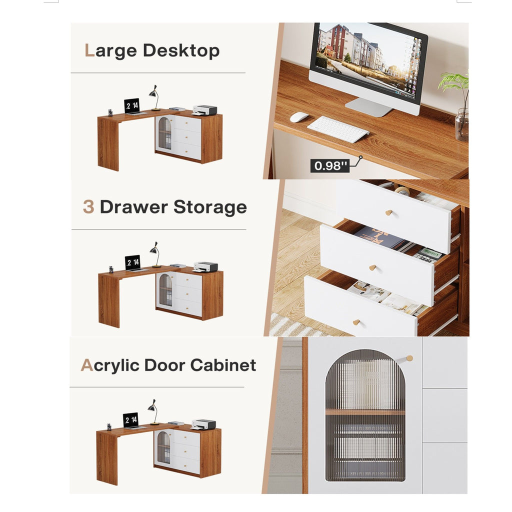 L - Shaped Computer Desk With Drawers, Reversible Corner Workstation For Home Office - Brown / White