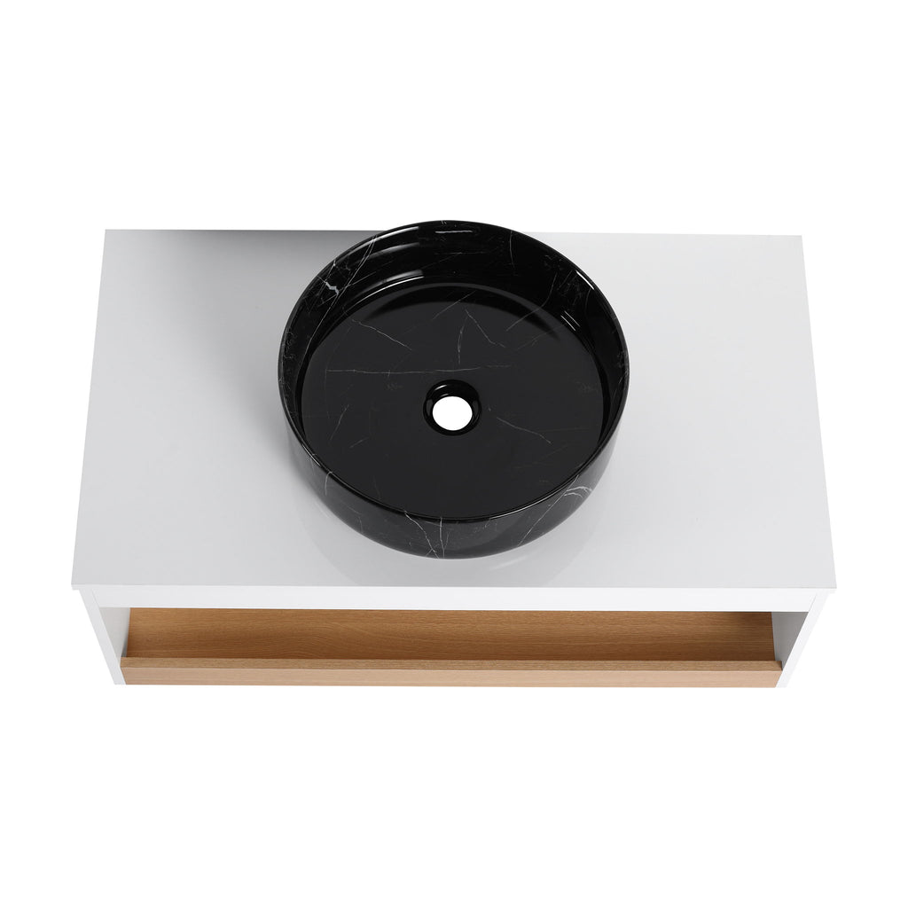 Floating Bathroom Vanity With Vessel Sink With Open Shelf Storage