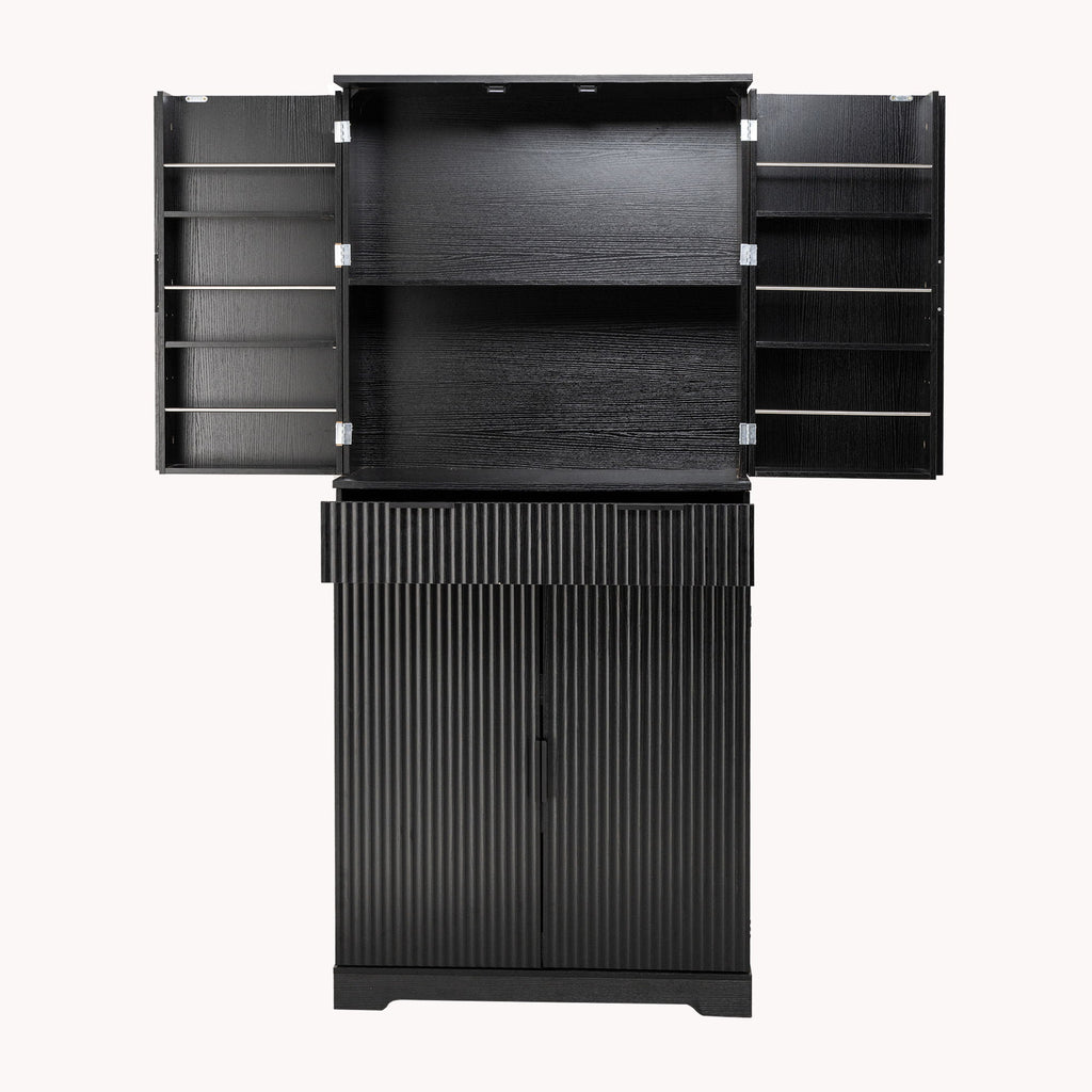Fluted Kitchen Pantry Cabinet With 3 Keyboard Drawers & 6 Door Shelves Adjustable