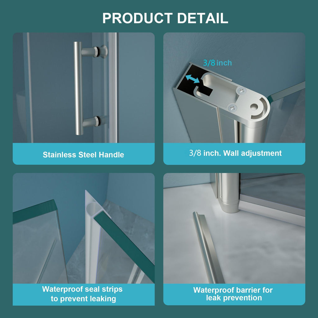 Frameless Bi Fold Shower Door With Tempered Glass - Brushed Silver