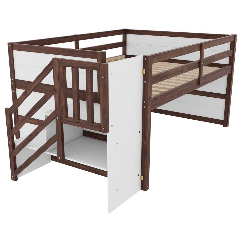 Low Loft Bed Frame With Built In Stairs, Storage Drawer, Shelf And 7 Color LED Light