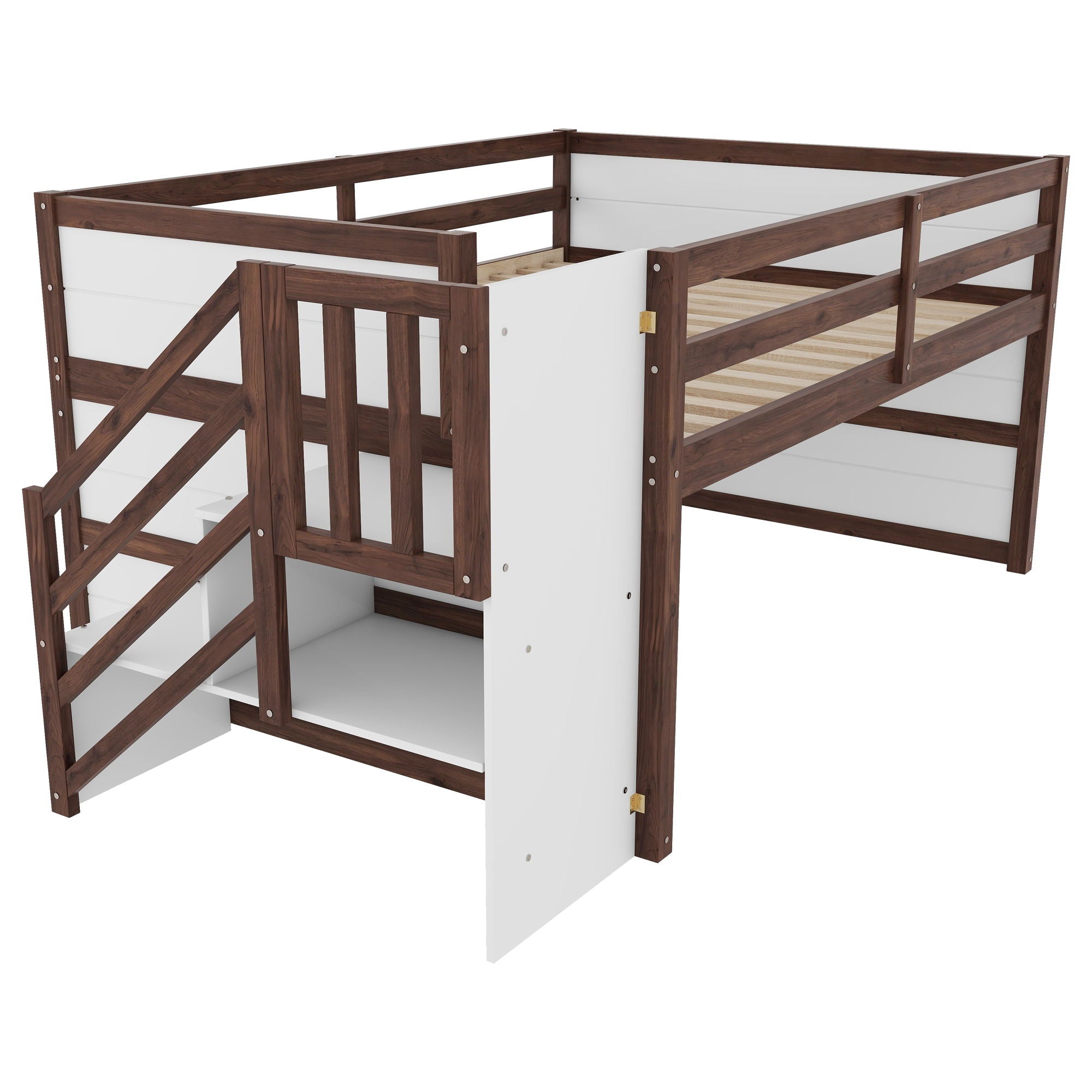 Low Loft Bed Frame With Built In Stairs, Storage Drawer, Shelf And 7 Color LED Light