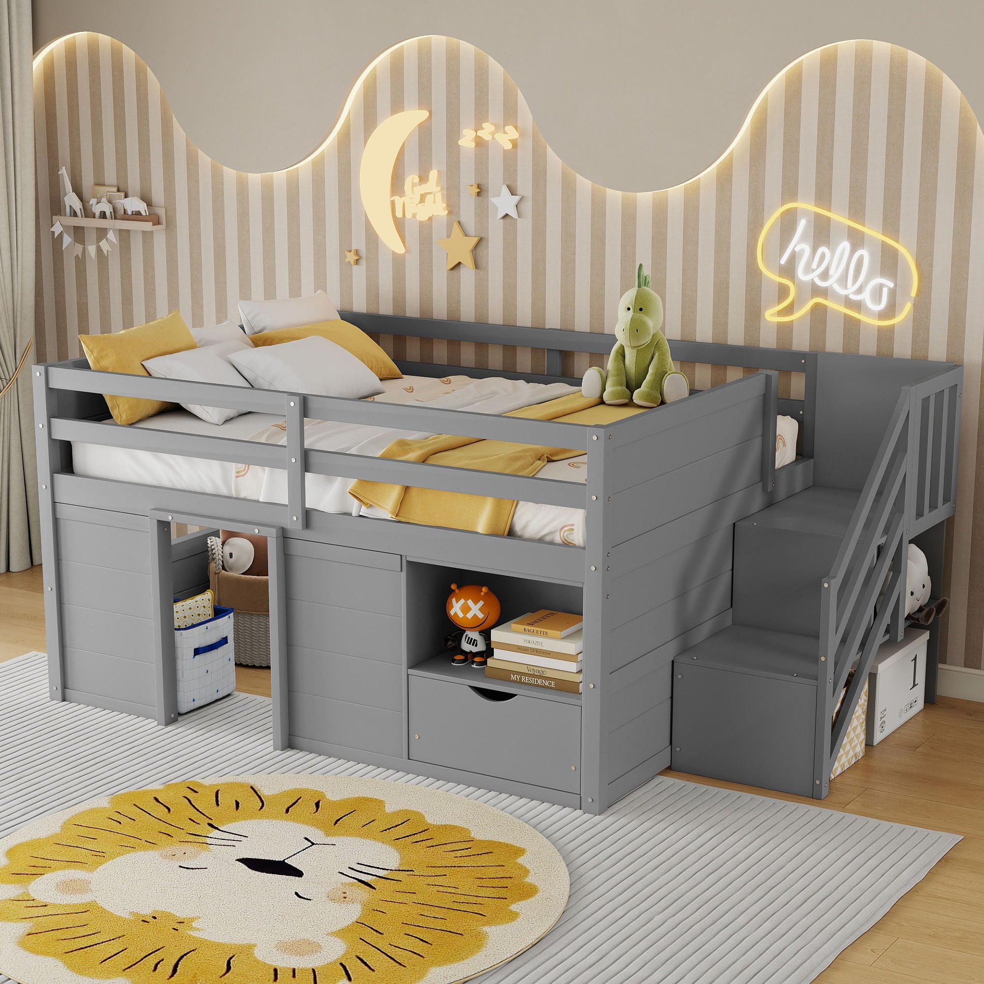 Low Loft Bed Frame With Built In Stairs, Storage Drawer, Shelf And 7 Color LED Light