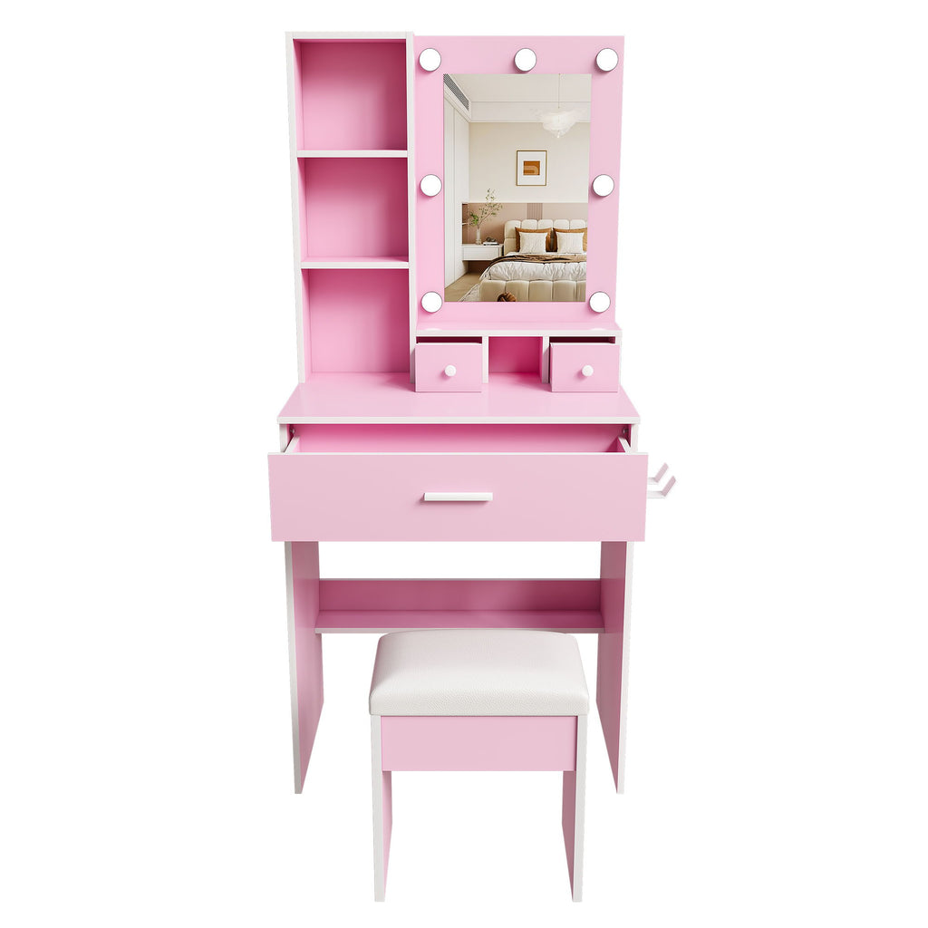 Vanity Table With Mirror, Adjustable LED Lights, Power Outlet, Hairdryer Holder & Stool