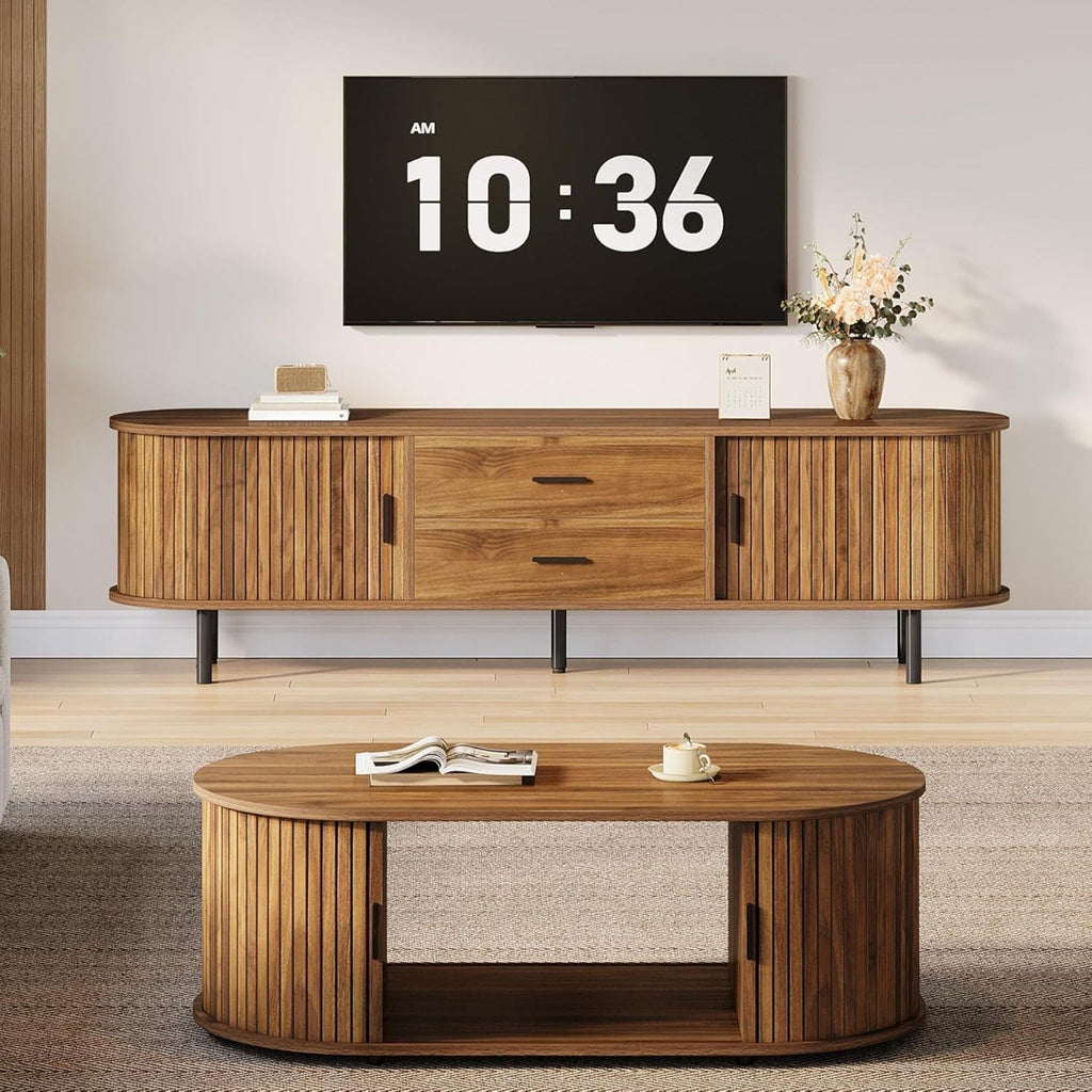 Fluted TV Stand With Tambour Sliding Doors - Walnut