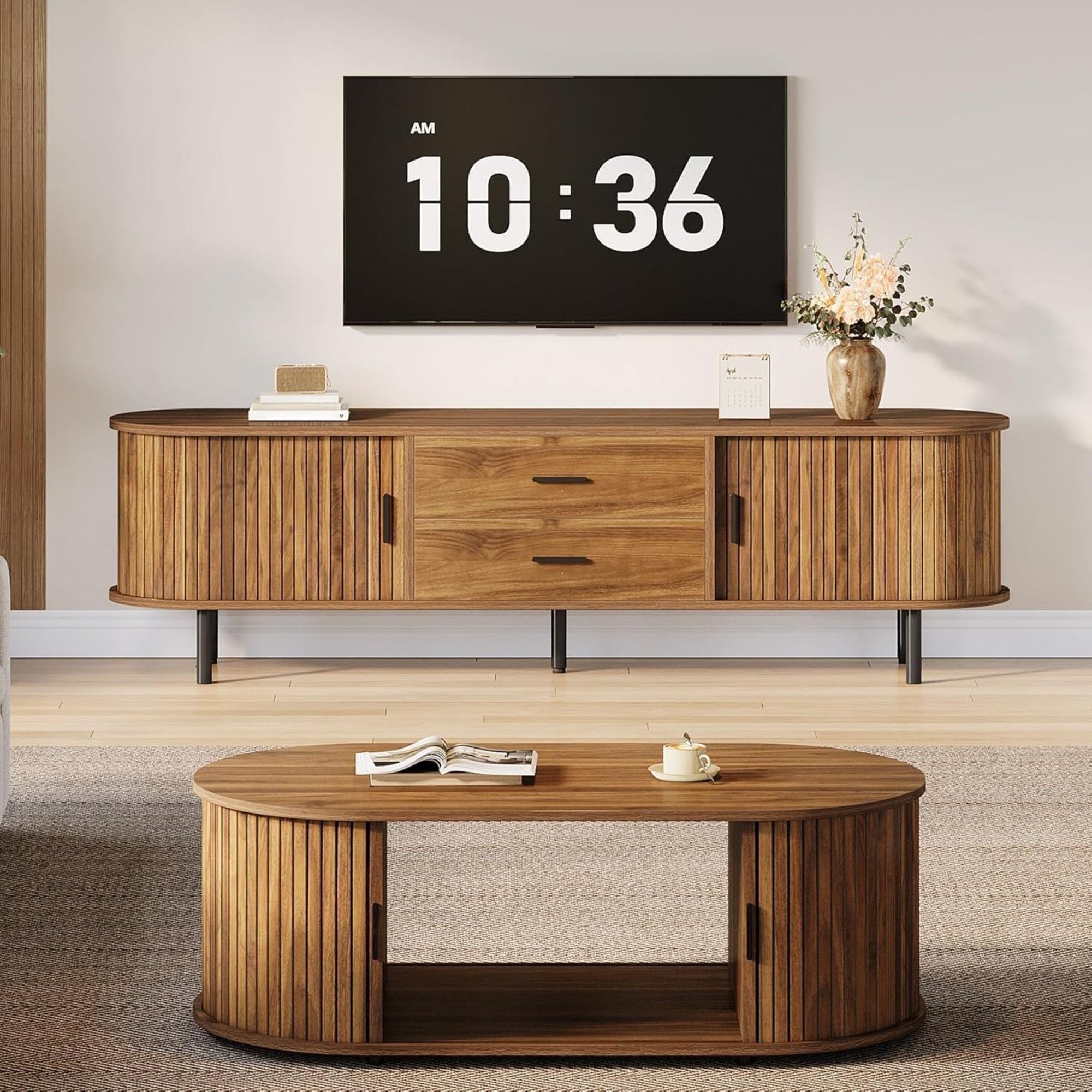 Fluted TV Stand With Tambour Sliding Doors - Walnut
