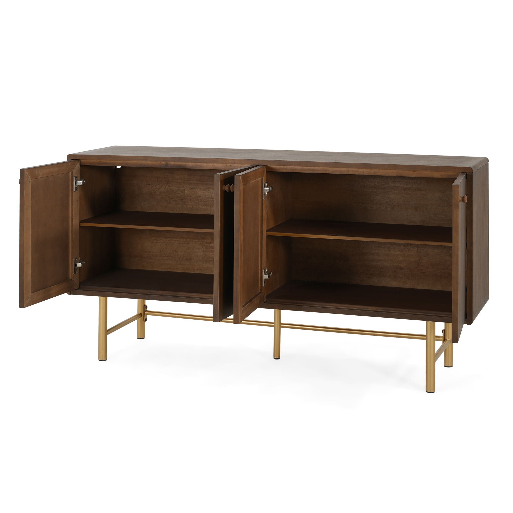 Modern Scandinavian 4 Door Sideboard, Storage Cabinet With Adjustable Shelves - Gold / Walnut