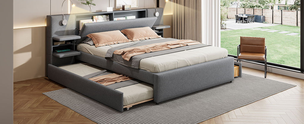 Upholstered Platform Bed With Reading Lights, Drawers, Trundle And Shelves