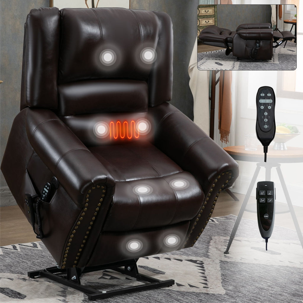 Power Lift Recliner Chair Heat Massage Dual Motor Infinite Position With USB Ports - Antique Brown