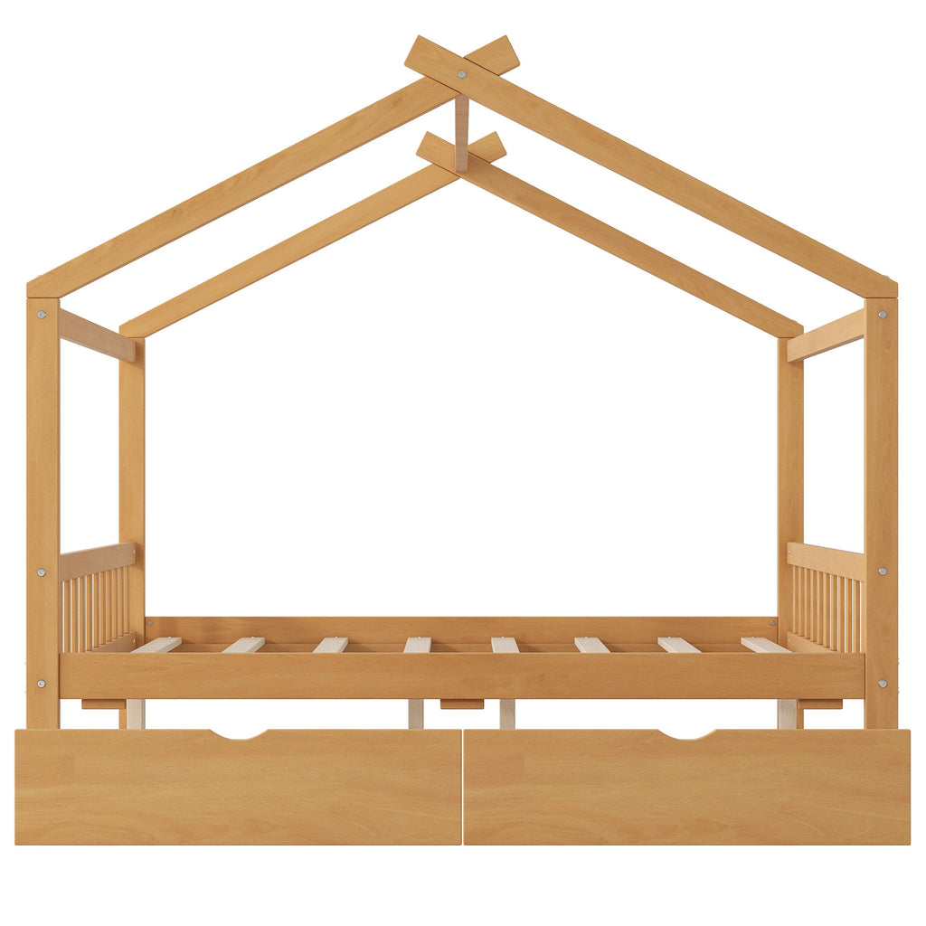 House Style Platform Bed With Headboard, Footboard, 2 Drawers, And Roof Design