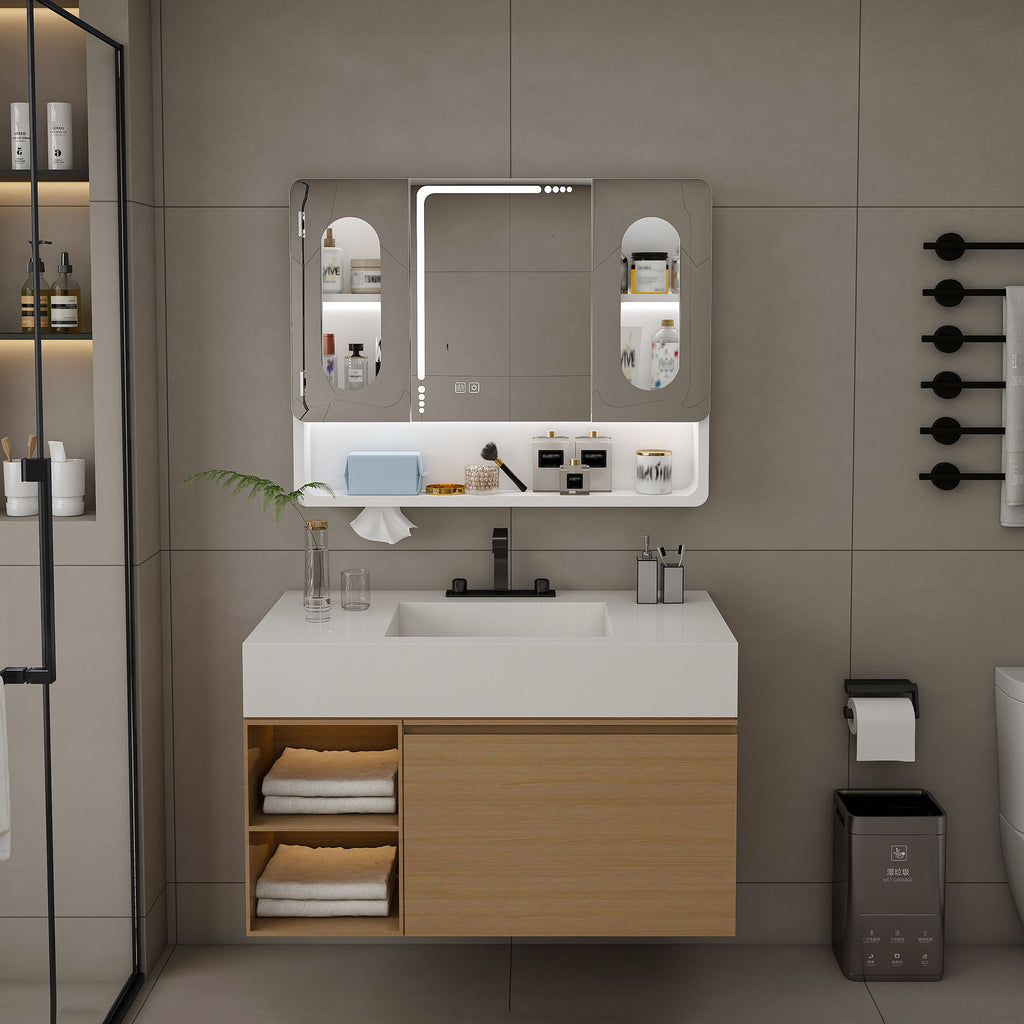 Wall Mounted Bathroom Mirror Cabinet With LED Lights, Anti Fog & Explosion Proof, Touch Control Medicine Cabinet, 3 Color Lighting - White