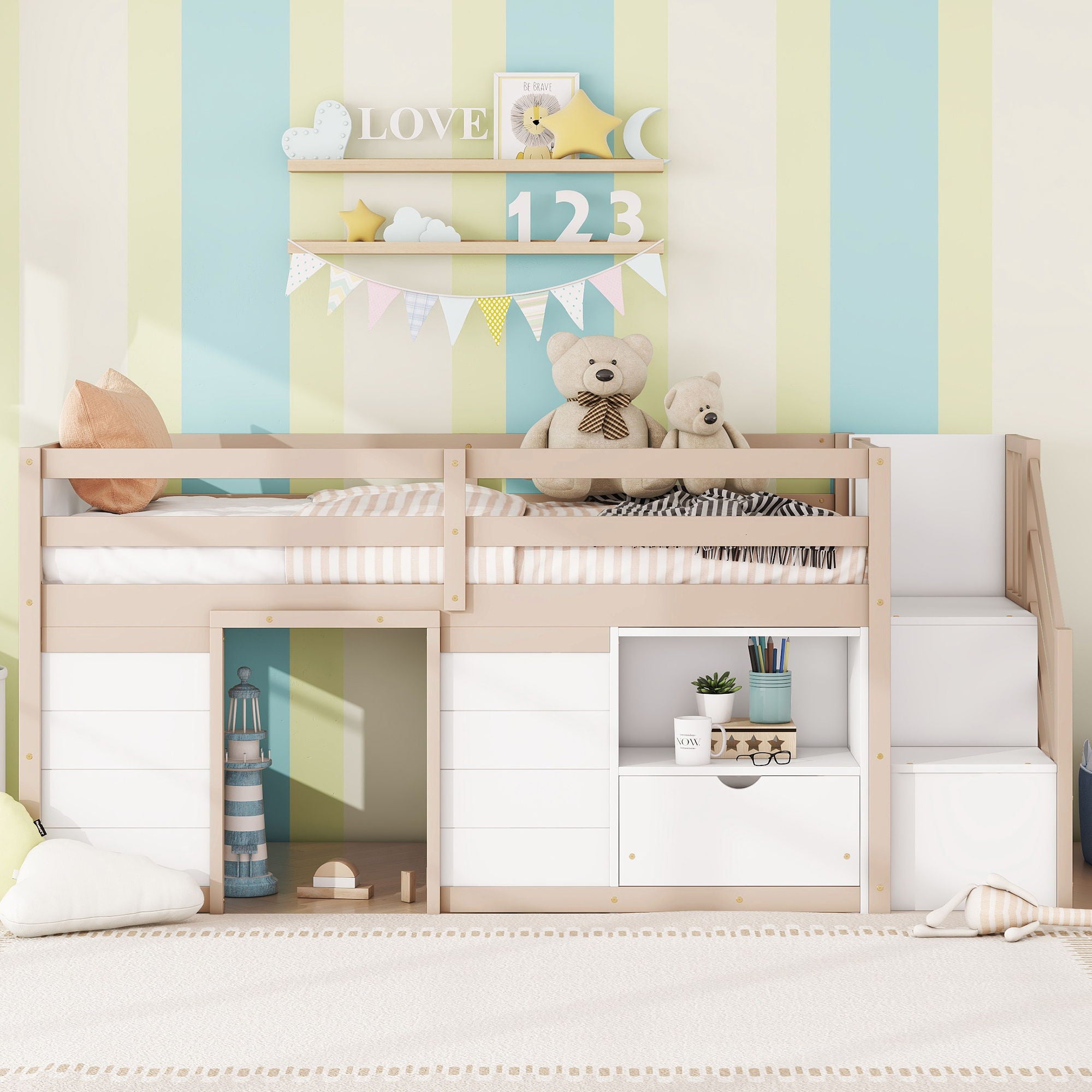 Low Loft Bed With Stair, Drawer, And Shelf