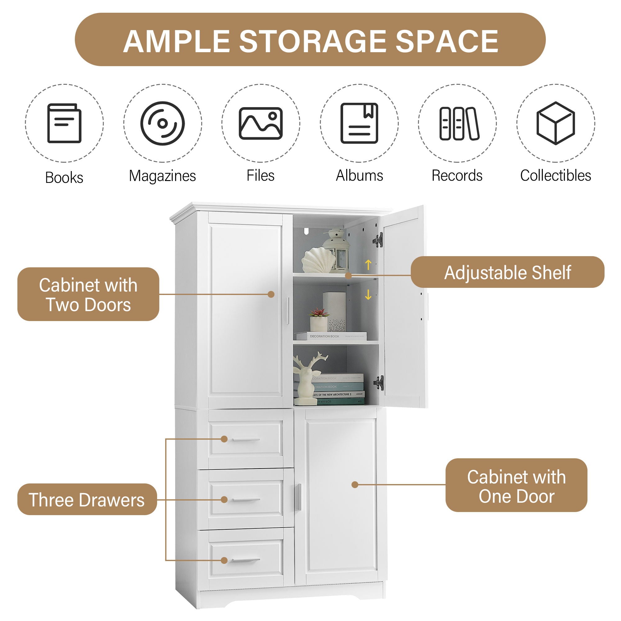 Tall And Wide Storage Cabinet With Doors, 3 Drawers