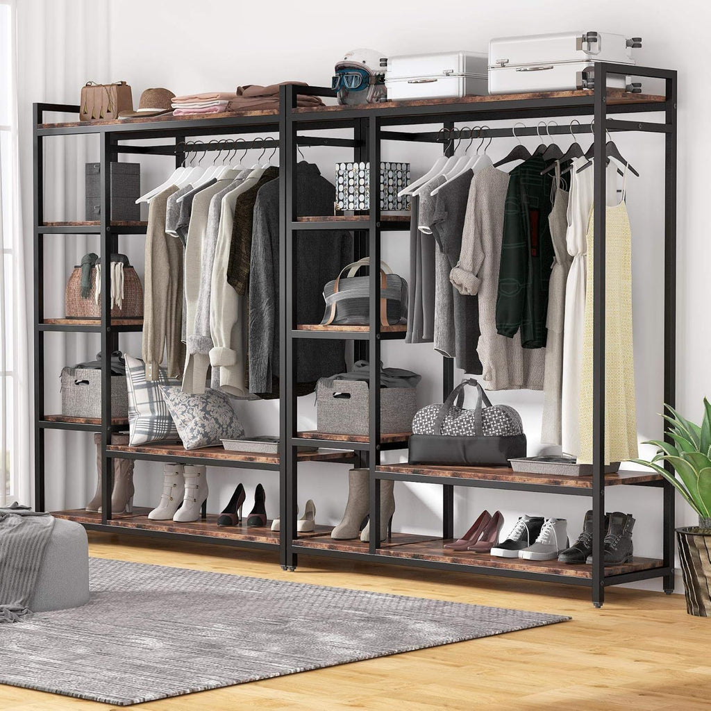 Free Standing Closet Organizer With 6 Shelves And Hanging Bar - Brown / Black