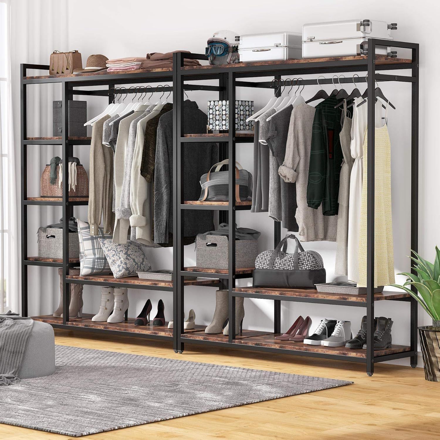 Free Standing Closet Organizer With 6 Shelves And Hanging Bar - Brown / Black