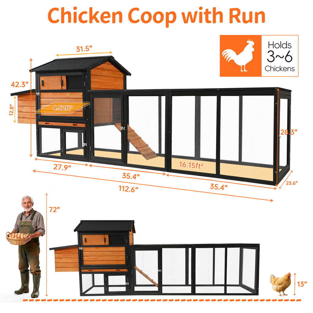 Chicken Coop, Large Outdoor Hen House & Run And Nesting Box Poultry Cage, Rabbit Hutch - Brown / Black