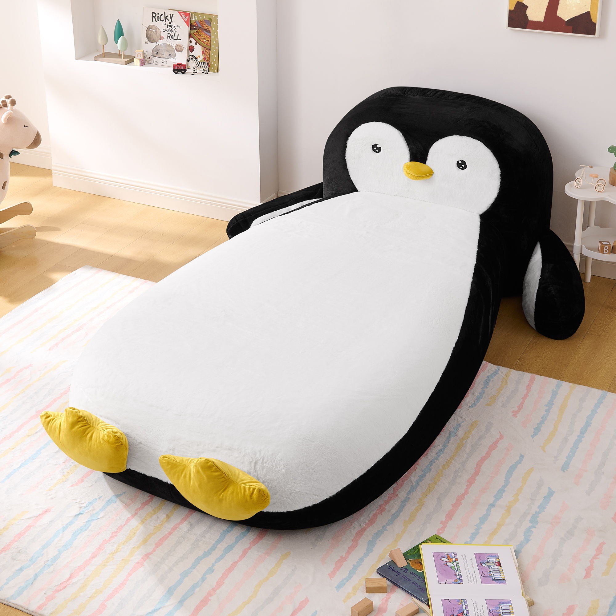 Twin Size Penguin Shaped Bed, Lounger Chair For Kids Bedroom - White / Black