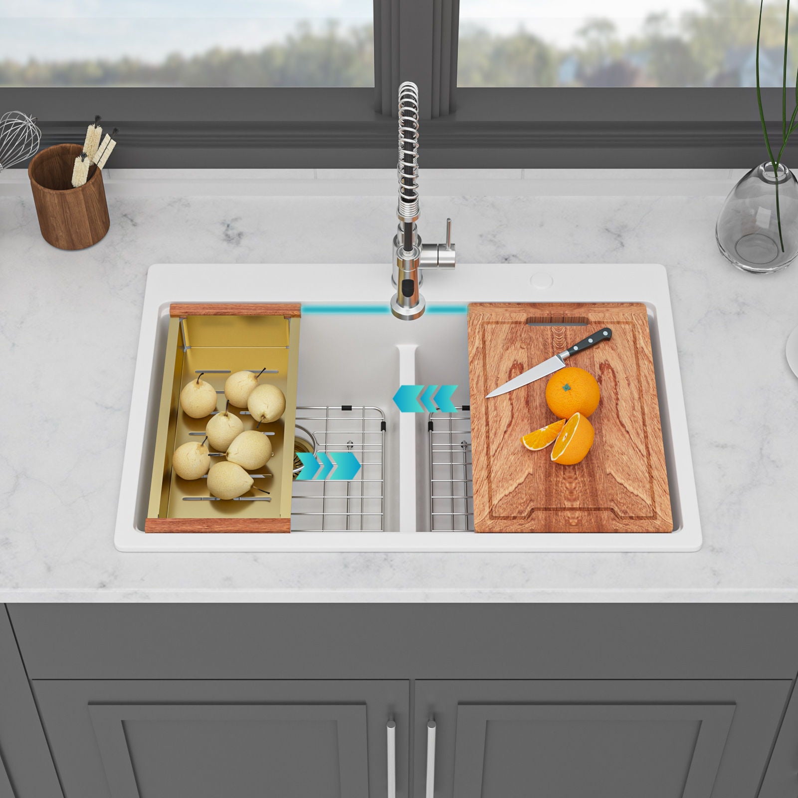 Quartz Kitchen Sink, Granite Composite Double Bowl, Undermount Workstation